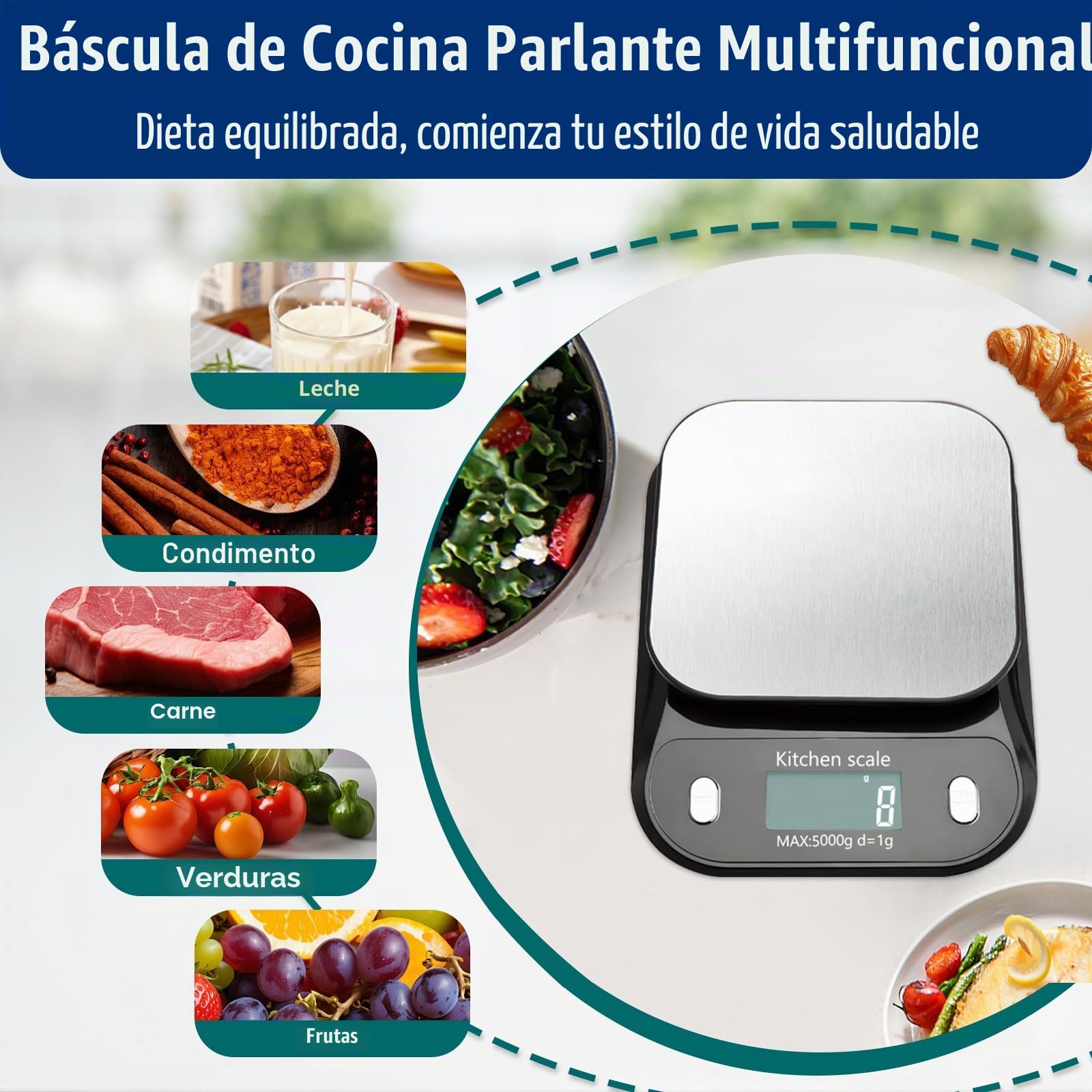 Báscula de cocina digital parlante, electrónica de alimentos con pantalla LCD grande y plataforma de disco de acero inoxidable