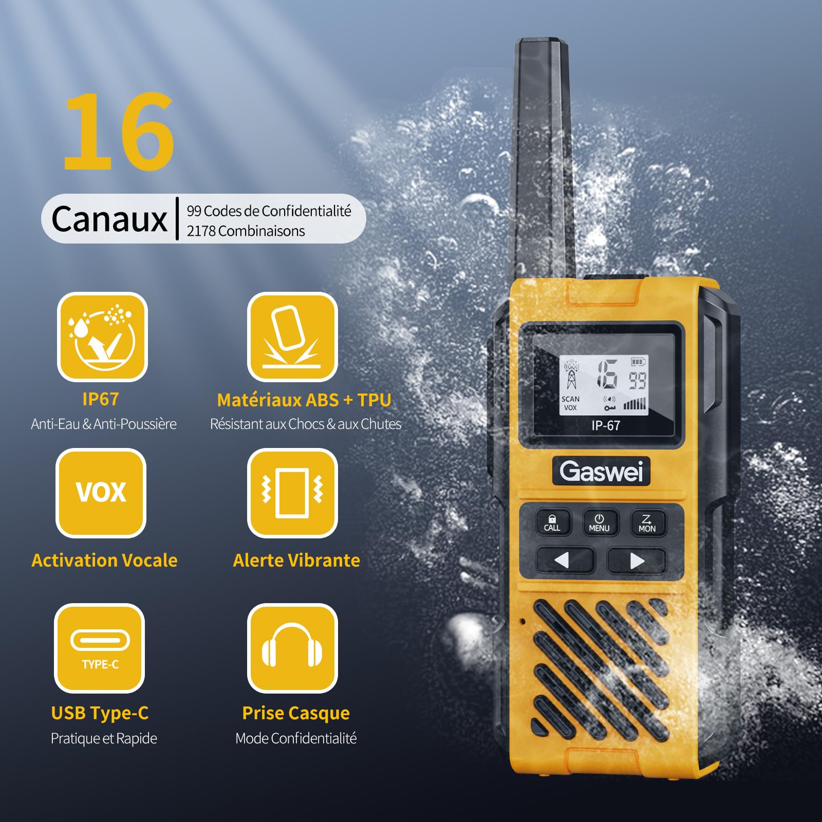 G1pro Talkie-walkie Longue portée et 16 canaux | USB-C avec Batterie Li-ION | Écouteurs et Fonction Mains Libres Inclus | Idéaux pour Les activités en Plein air, Le Camping et Les événements.