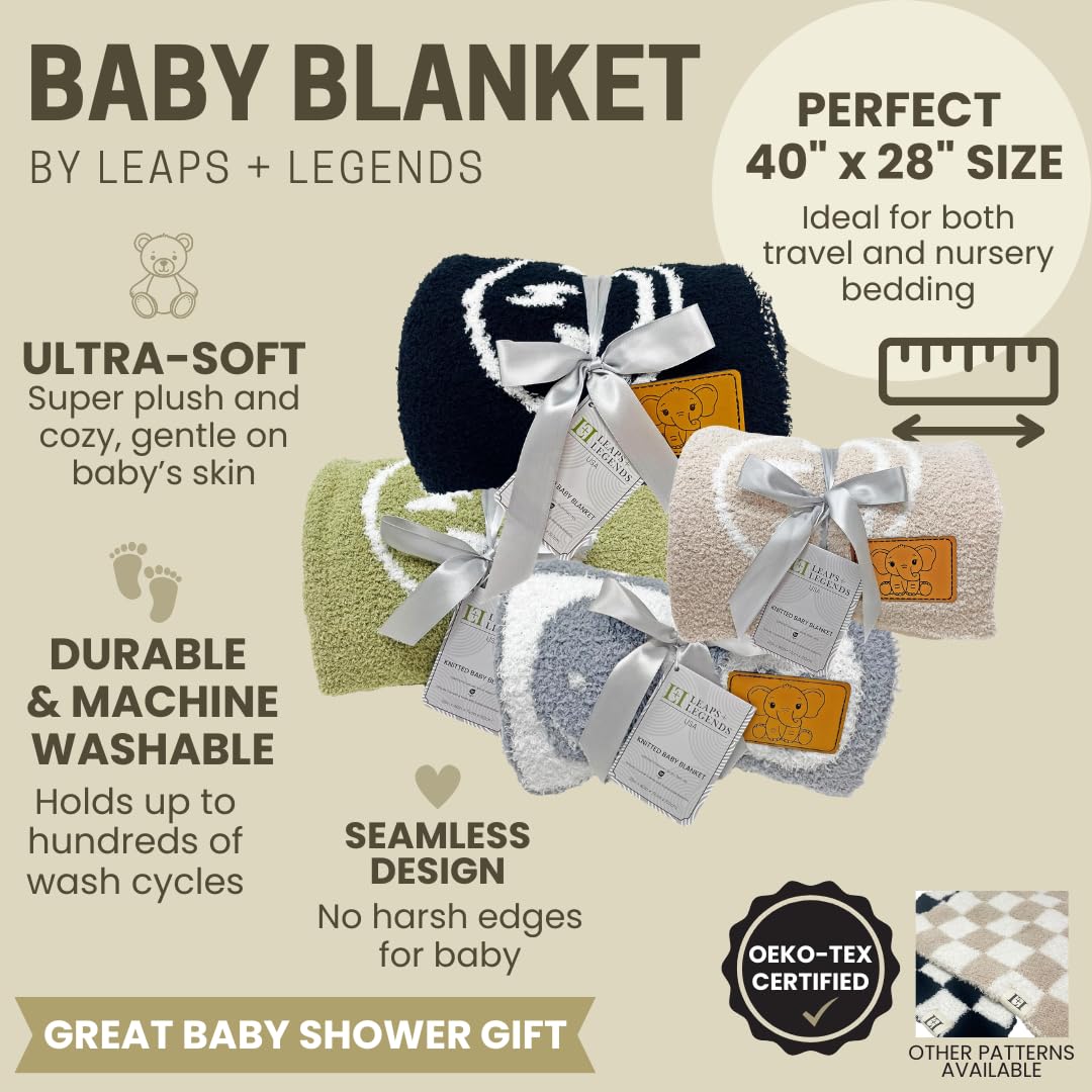 Manta de bebé a cuadros de 28 x 40 pulgadas con parche de cuero, manta de punto suave para cuna o cochecito, manta de recepción/regalo esencial para niños pequeños, bebés o niños (negro/blanco)