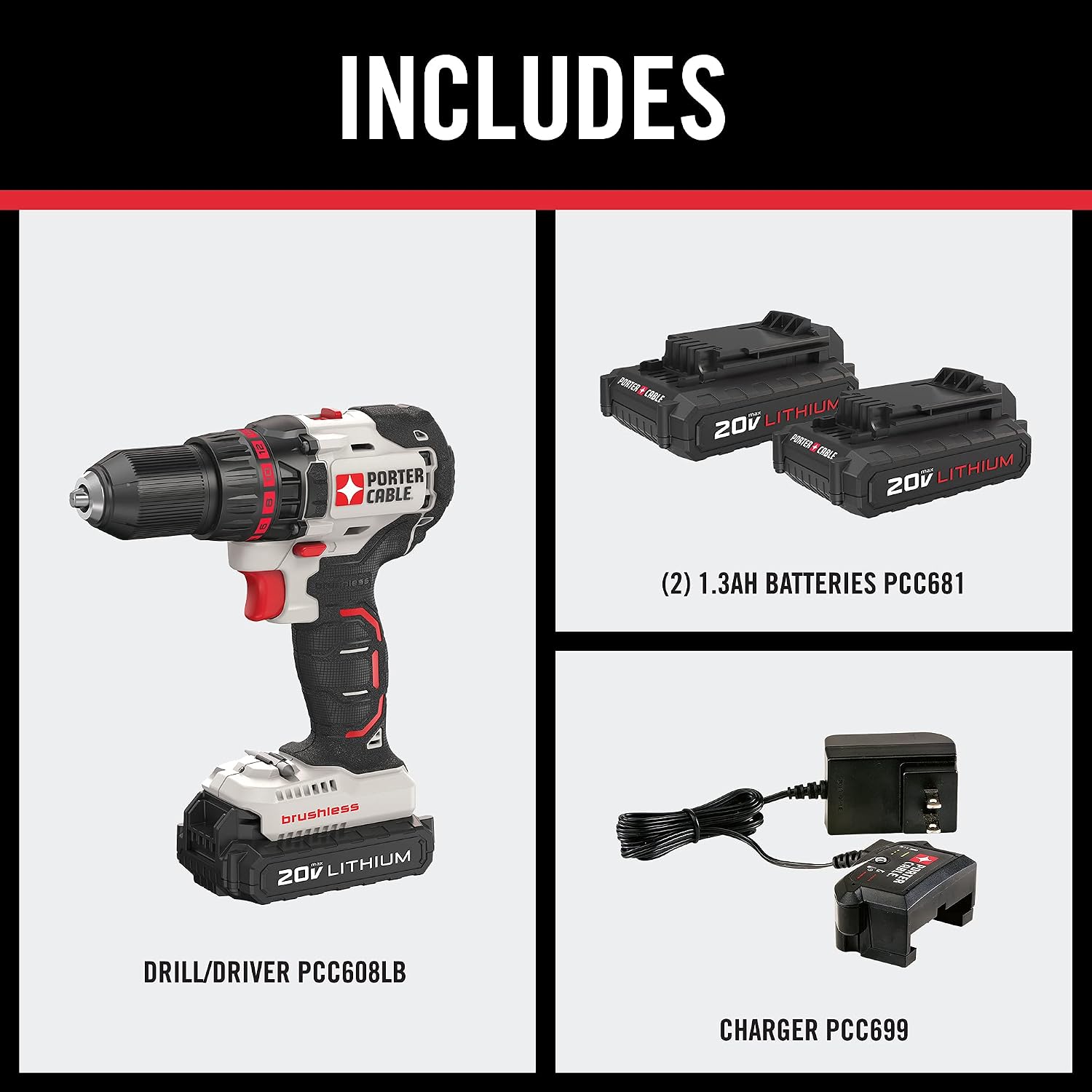 PORTER-CABLE 20V MAX* Cordless Drill/Driver, Brushless, Tool Only (PCC608LB)