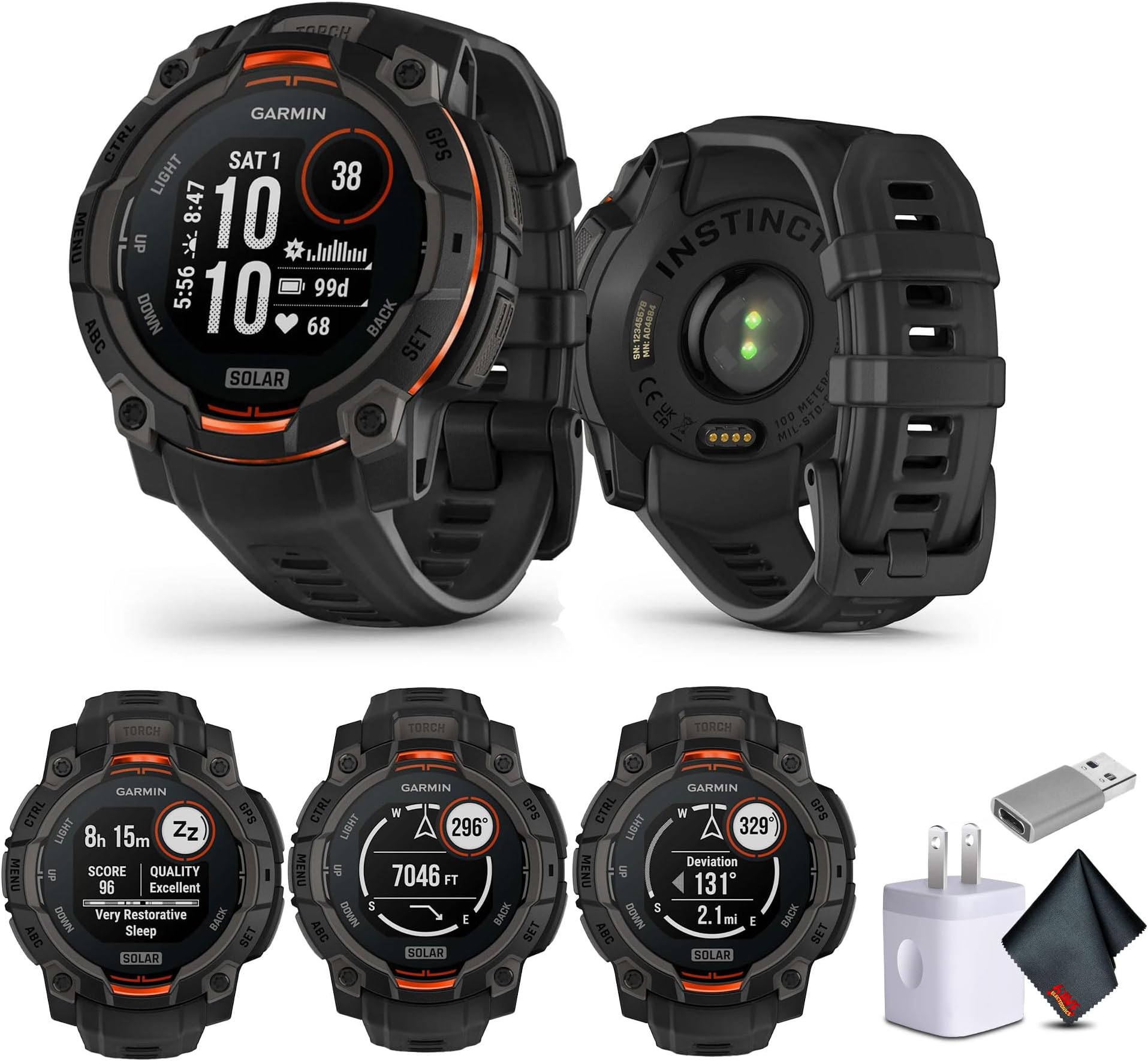 Garmin Instinct 3 45mm, Solar Charged Display, Rugged Outdoor GPS Smartwatch, Unlimited Battery Life, Built-in Flashlight, Black (010-02934-00) Tactical Smart Watch Bundle for Men and Women