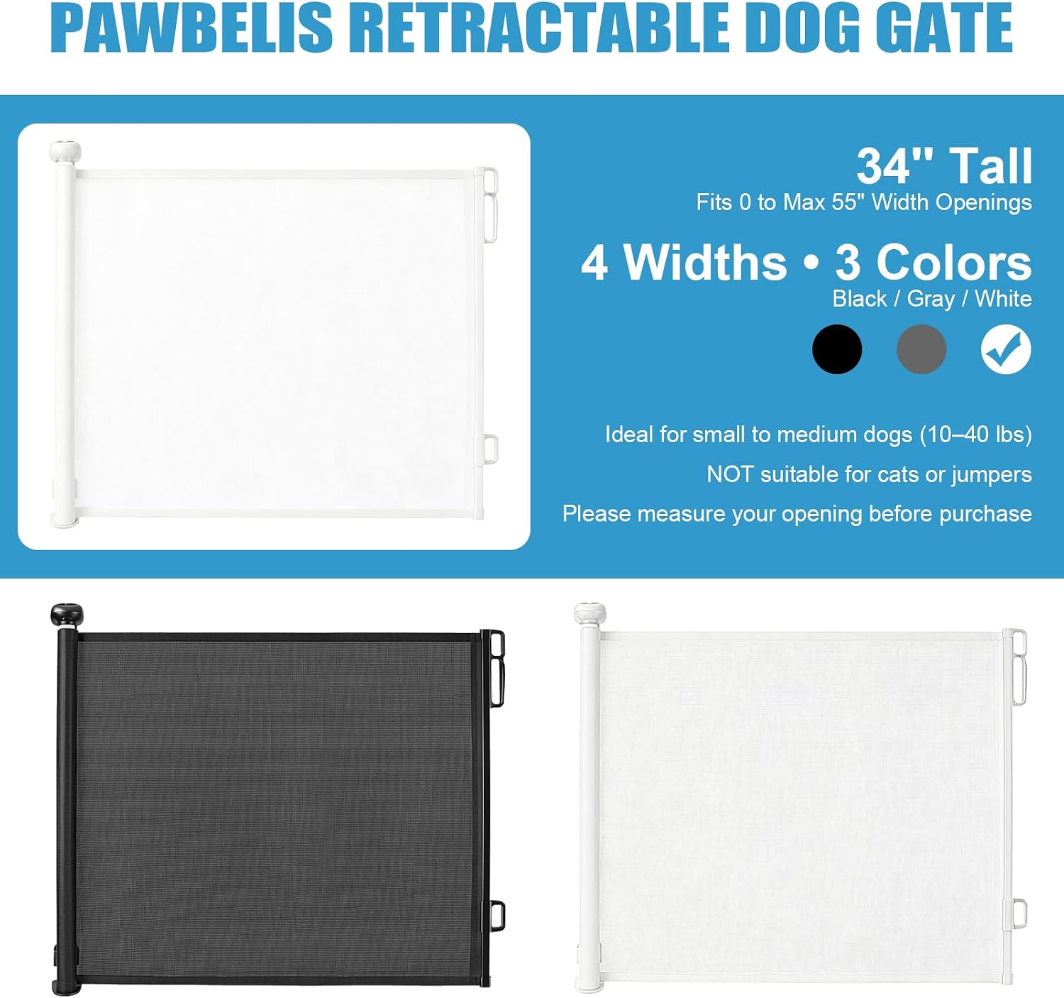 34" Tall Retractable Dog Gate, Adjustable Width 0-59" Pet Gate for Small to Medium Dogs, Heavy Duty Mesh Dog Safety Gate with Hardware Mounting for Doorways/Stairs/Indoor/Outdoor, White