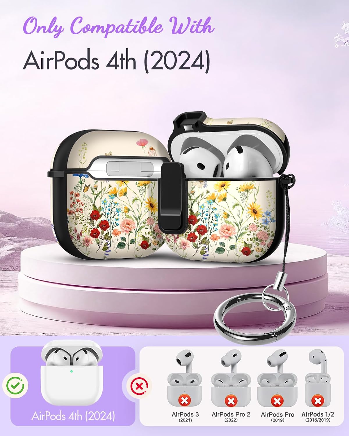 Joyleop for Airpods 4 Case - with Safety Lock Cute Women Girl Girly Asethetic Pretty Design Hard Shock Protective Cover with Keychain for Airpods 4th Gerneration 2024,Floral Plant image 2
