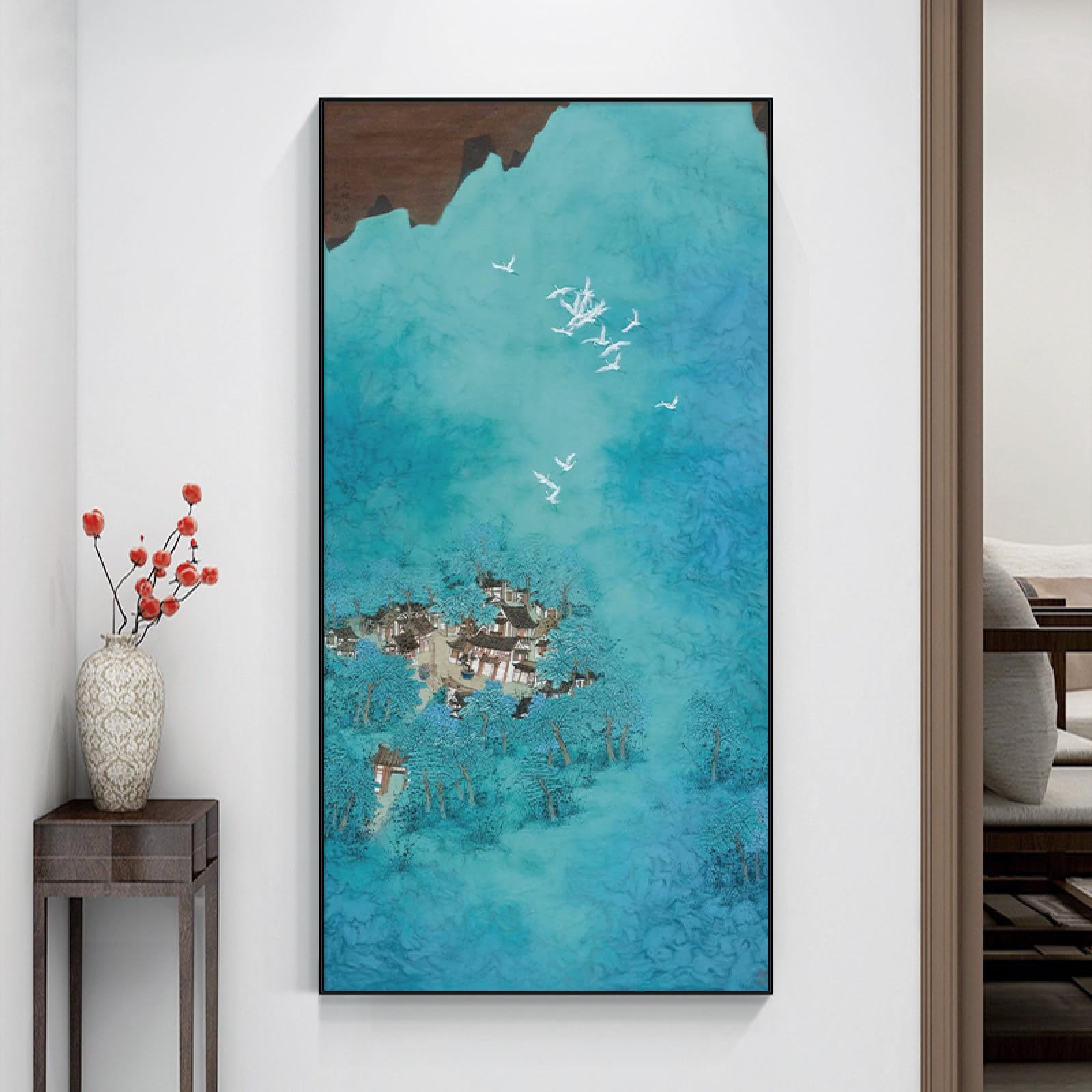 Peinture abstraite de texture fait main : grand tableau oiseaux chic