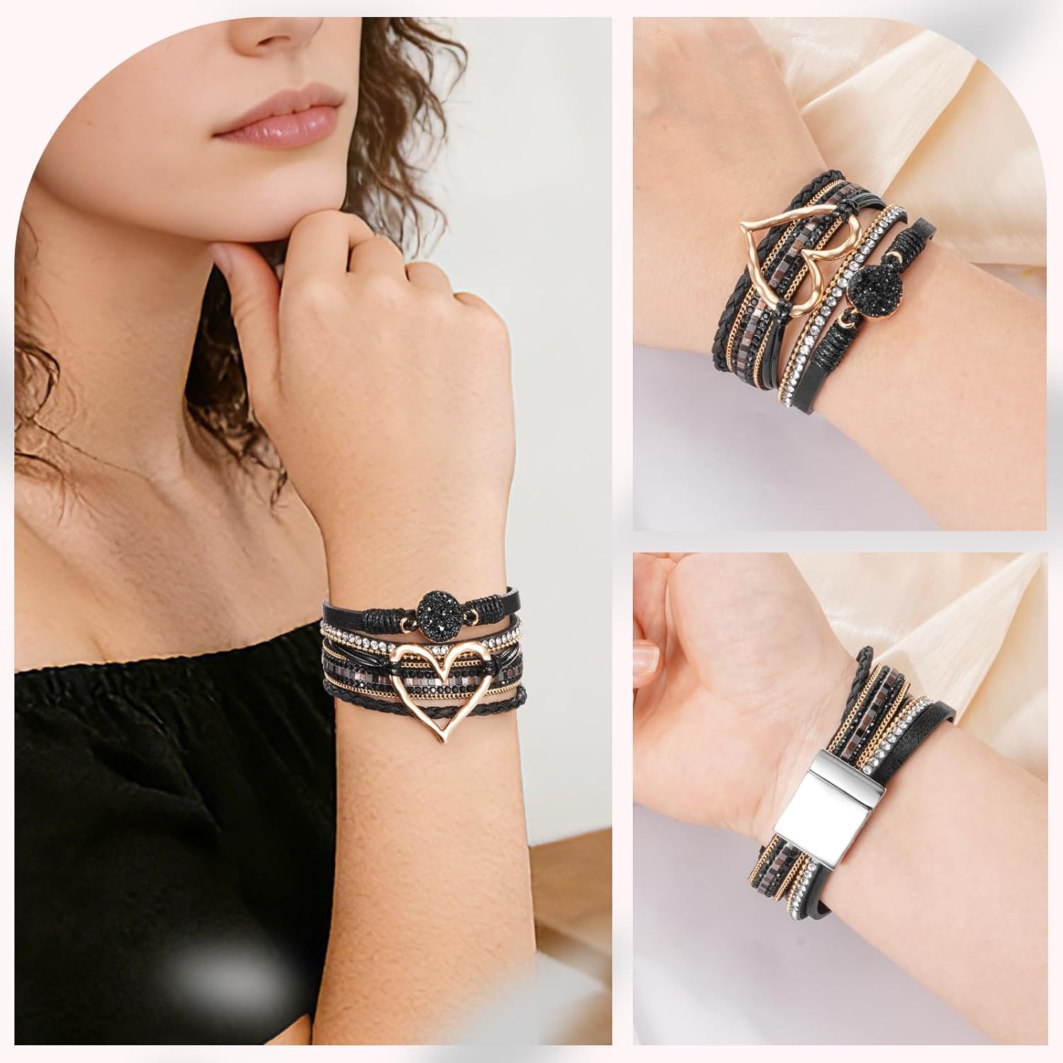 abooxiu Urn Bracelet for Ashes Cremation Jewelry for Ashes Heart Cremation Ash Bracelets Memorial Ash Keepsake Urn Jewelry for Women, Stainless Steel Leather Wrap Stackable Boho Cuff Bangles