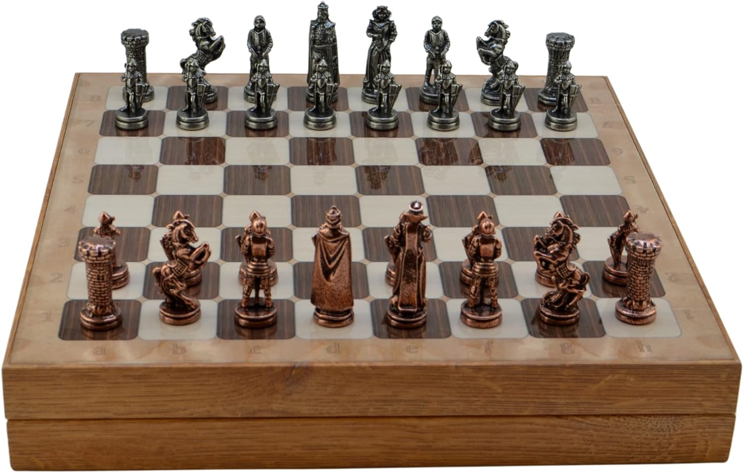 Metal Chess Set for Adults Medieval British Army Antique Copper,Handmade Pieces and Different Design Wooden Chess Board with Storage (Rustic)