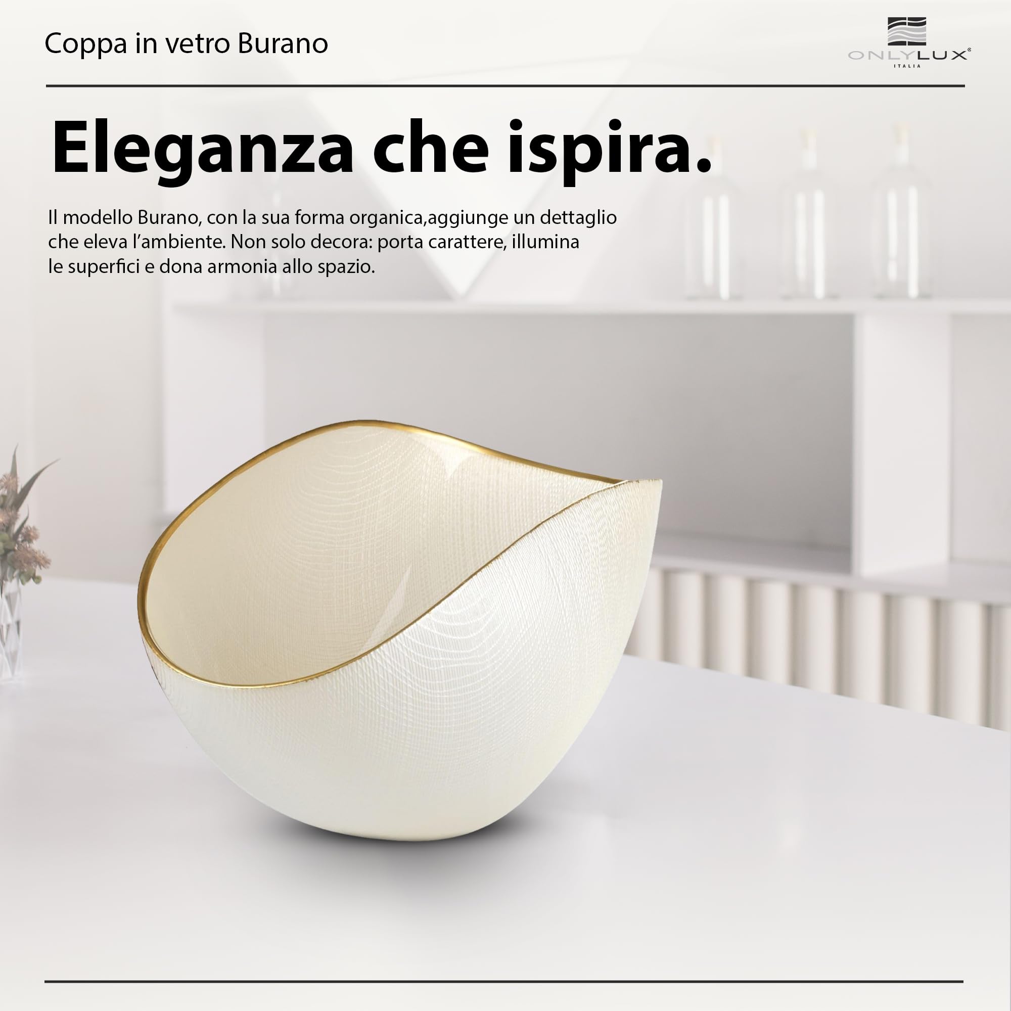 Onlylux Coppa Burano in Vetro Centrifugato Decorato a Mano - Centrotavola Decorativo 28 x 9,5 cm - Coppa in Vetro Artigianale per Arredo Casa - Bianco Perla Filo Oro