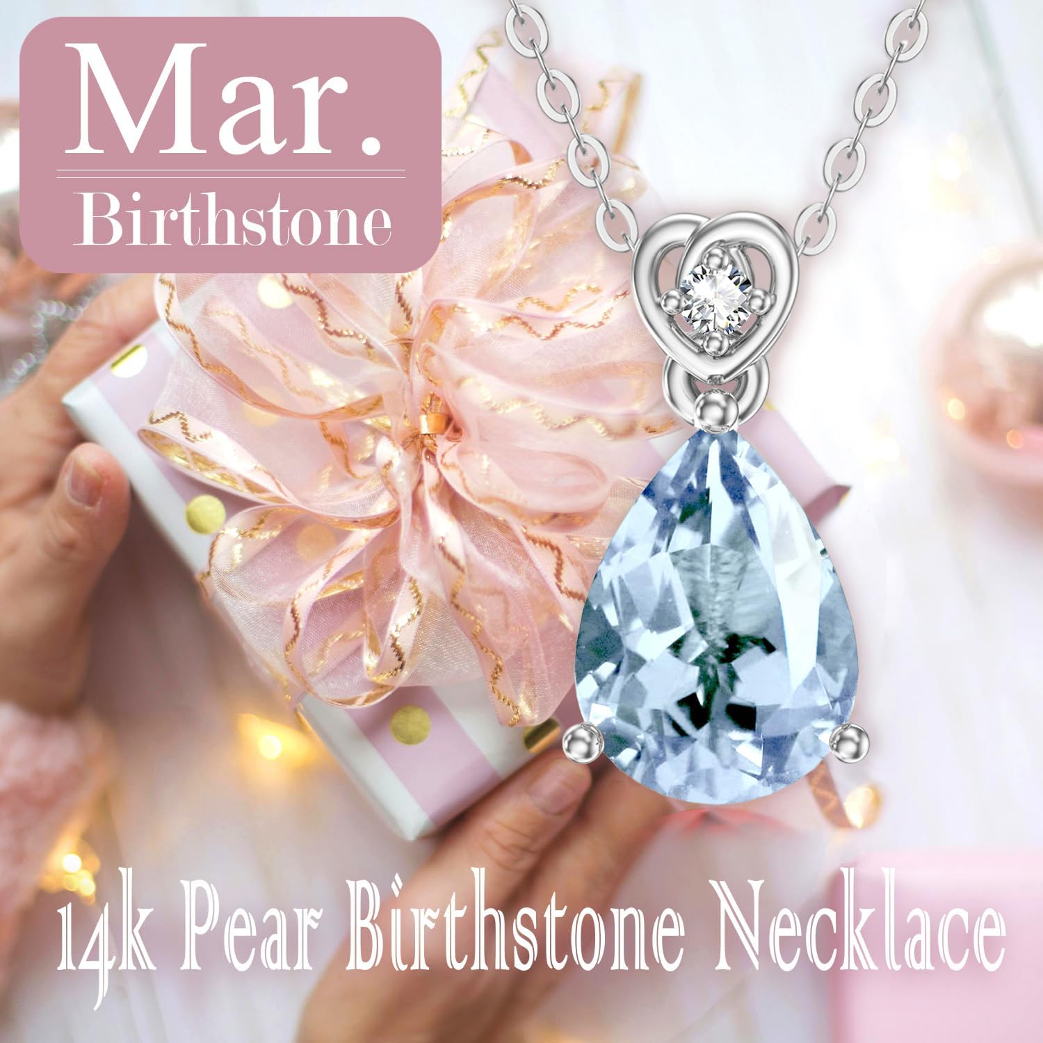 14k Gold Pear Gemstone Birthstone Necklace with Real Diamond(I2-I3 Clarity),2 Carat Teardrop Created Birthstone Anniversary Birthday Mother's Day Necklaces for Women Mom Her - Image 5