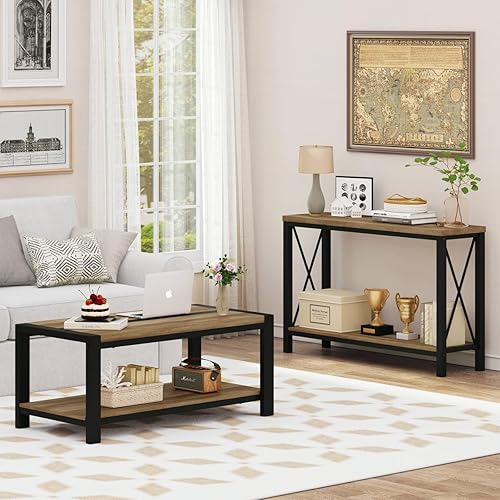 BON AUGURE Juego de mesa consola industrial y mesa auxiliar, muebles de madera y metal para sala de estar, entrada, oficina en casa (roble vintage)