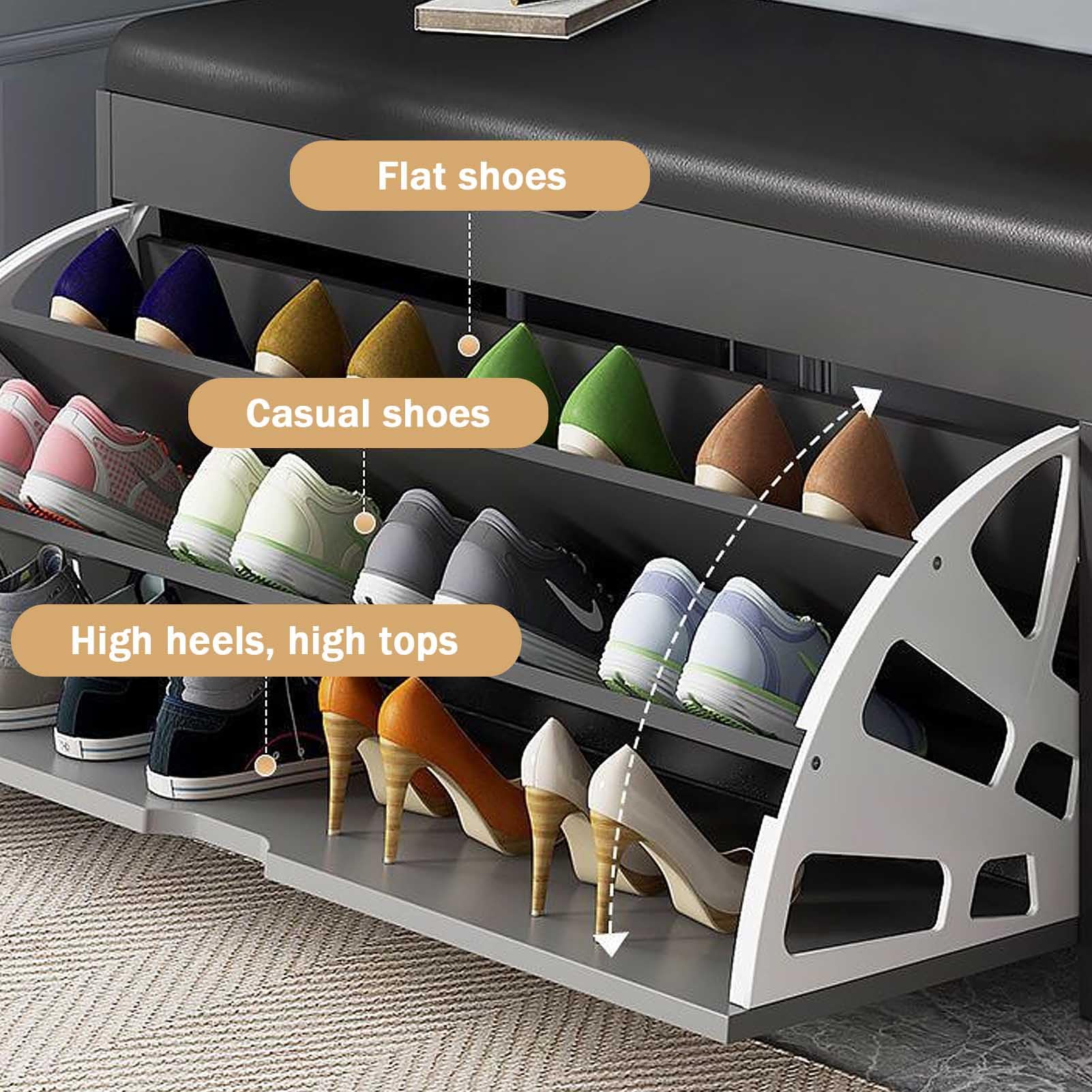 Leather Cushion Shoe Storage Bench - Adjustable Shelves, Rubberwood, Perfect For Entryway & Mudroom