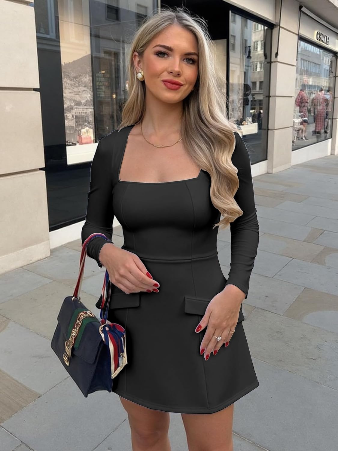 BORIFLORS Women's Fall Square Neck Long Sleeve Mini Dresses Corset Basic A Line Party Short Dress - Image 3