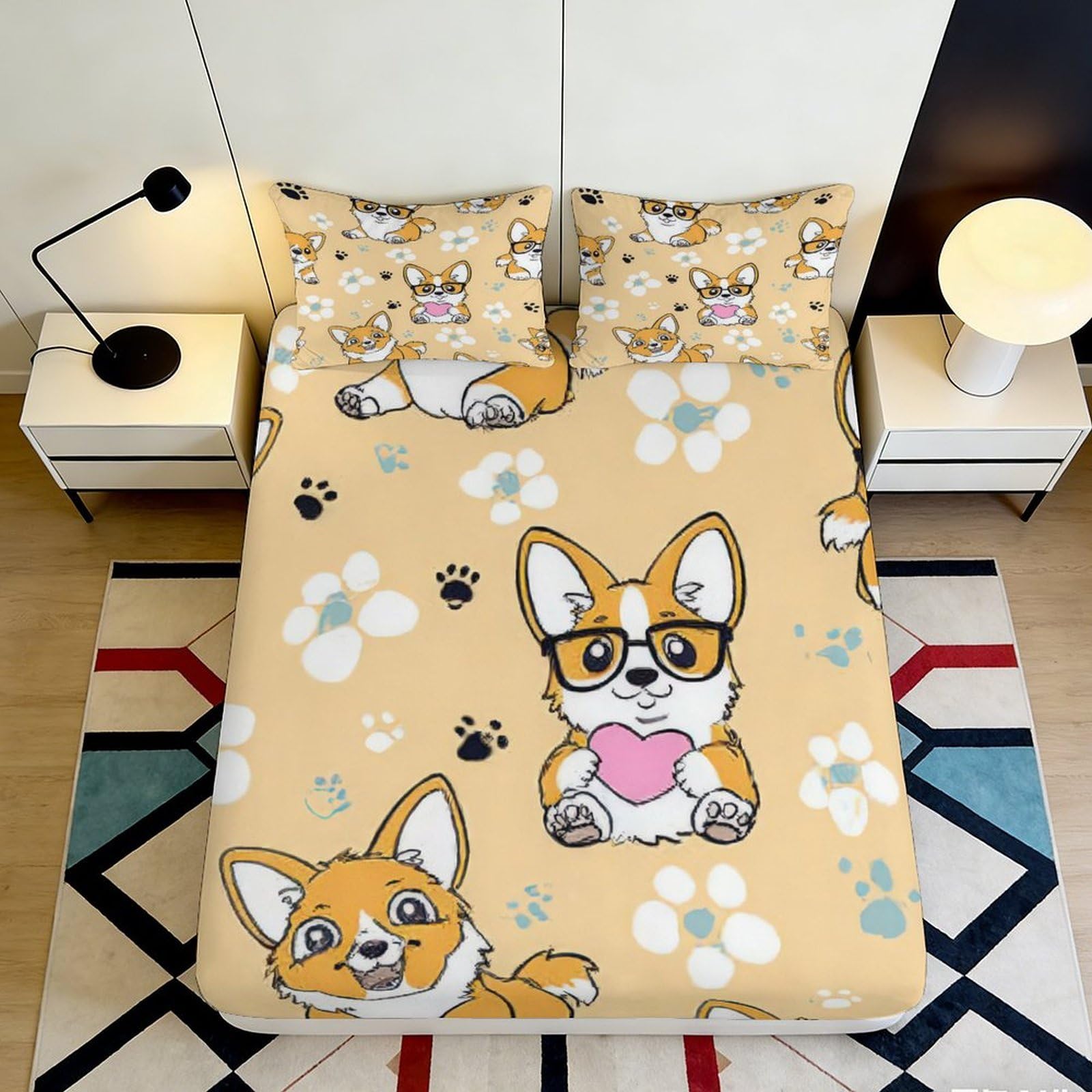 3D Printed Cartoon Corgi Fitted Sheet Microfiber Soft Yellow Dog Paw Mattress Cover Bedroom Decor 90x200x25cm