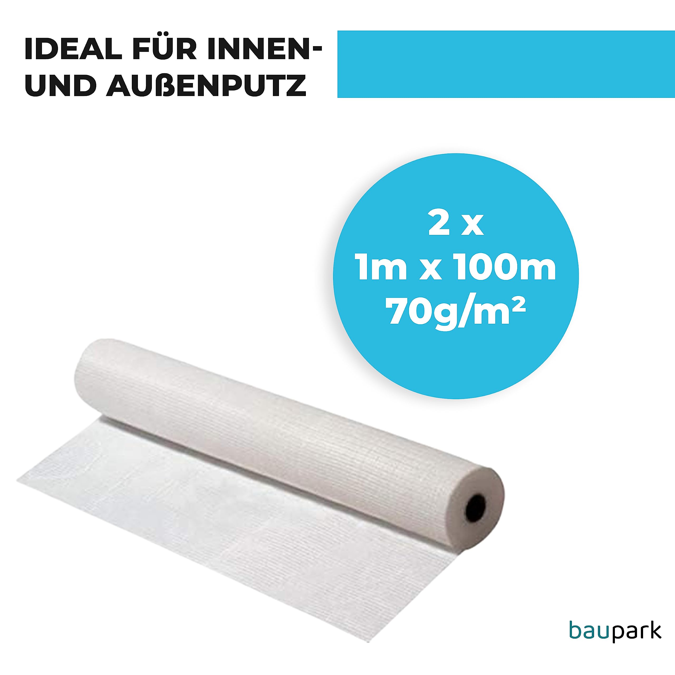 Baupark24 - Armierungsgewebe Außen & Innen – 2Stk.1m x 100m - Flächengewicht 70g/m² - Putzgewebe Weiß - Putzgewebe zur Fassadendämmung - Putzgewebe Armierungsgewebe