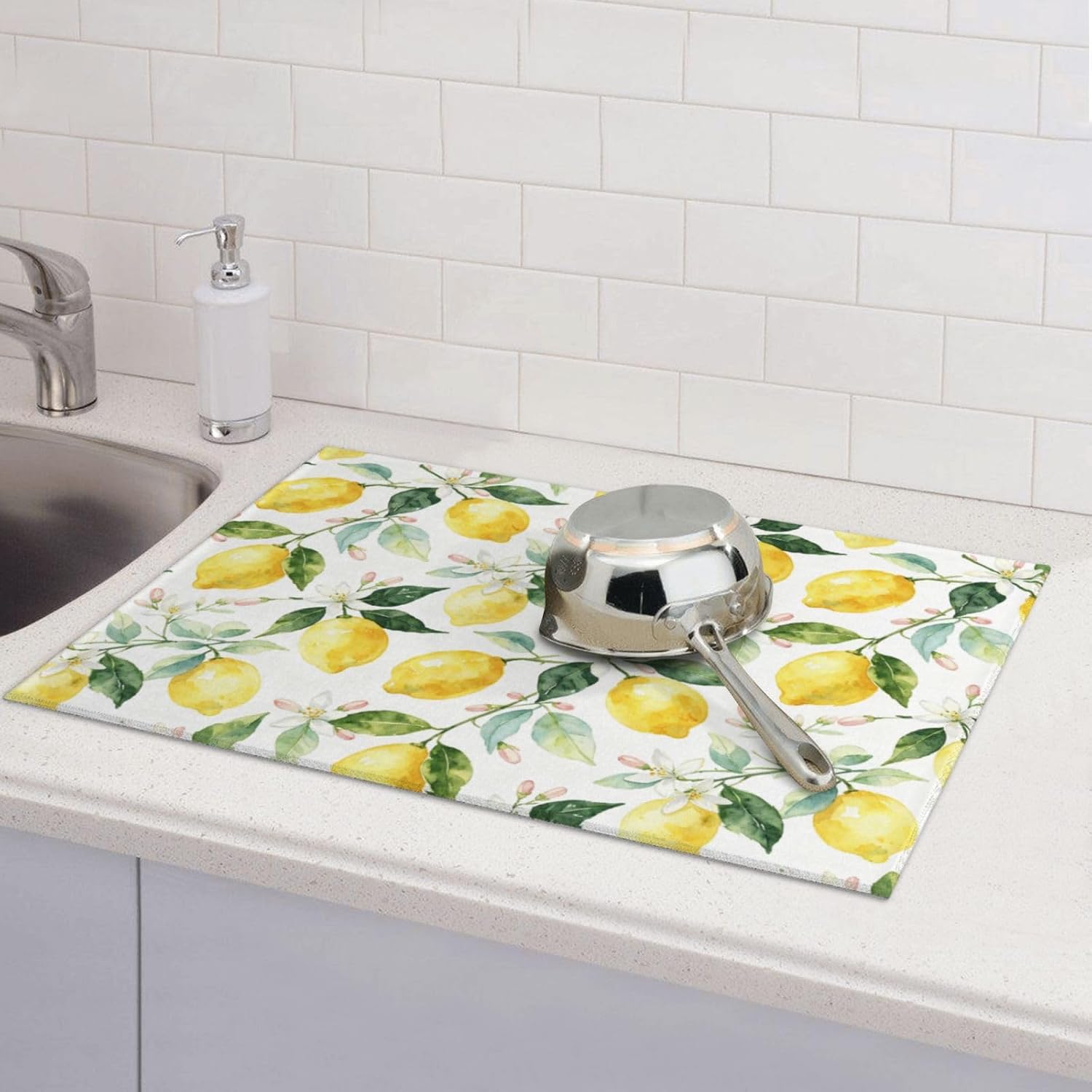 Lemon Dish Drying Mat For Kitchen Counter 18 X 24 In, Microfiber Absorbent Dish Drainer Mat With Hanging Loop Reversible Dish Drainer Mats Countertops Protector Pad Kitchen Accessories