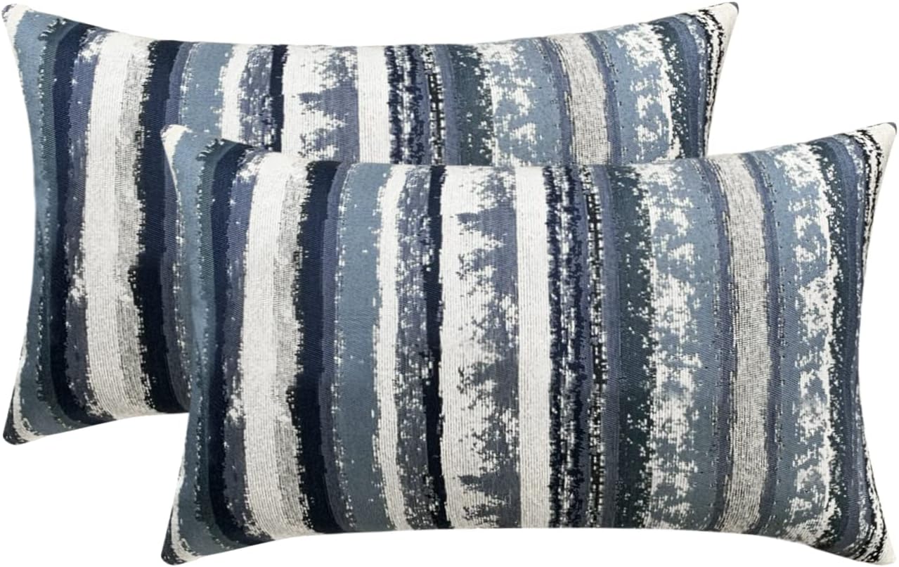 Jacquard Striped Decorative Throw Pillow Covers for Couch Set of 2, 18x18 Inches, Navy Blue
