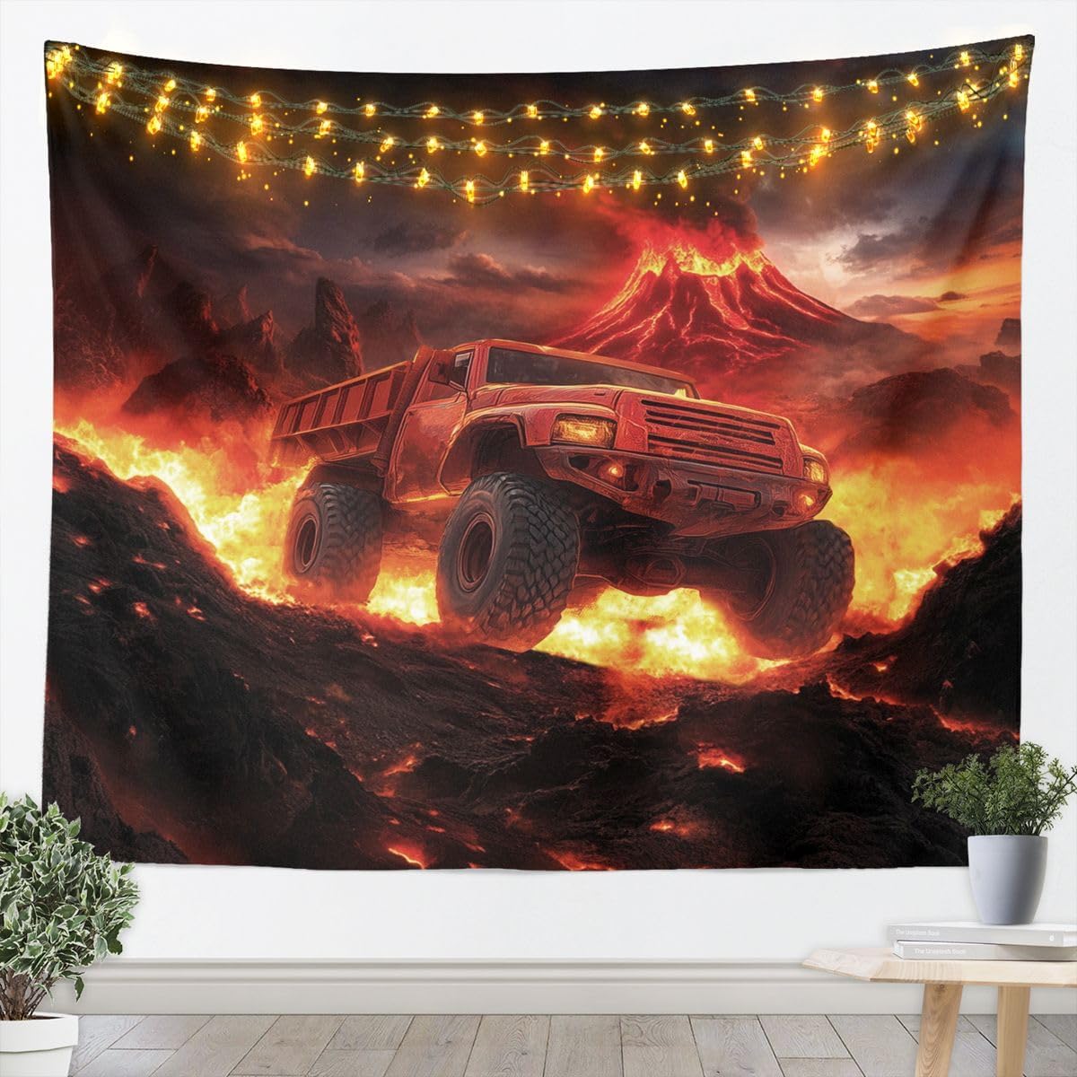 Manfei Retro Truck Wall Hanging Tapestry,3D Burning Fire Off-road Vehicle Home Wall Blanket Tapestries Volcano Lava Flame Natural Disaster Polyester Tapestries,Small 51.2 x 59.1 Inches