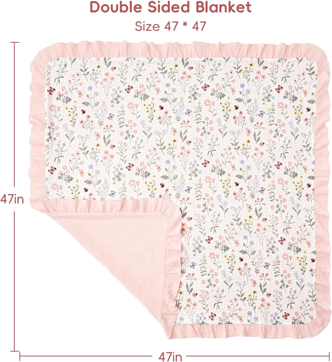 david's kids Flounce Muslin Baby Blanket for Girls Boys, 100% Cotton Soft Crib Swaddle Blankets, Reversible & Breathable Nursery Bedding for Newborns Toddlers, 47 x 47 Inches (Garden)