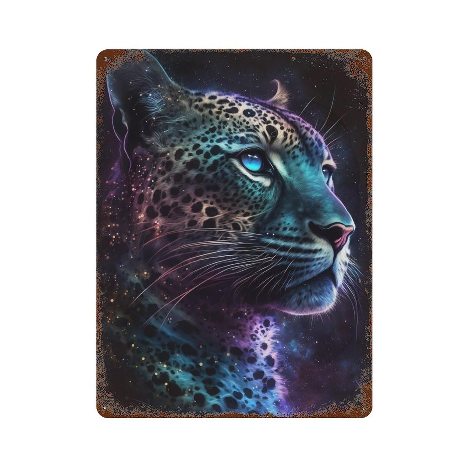 Rainbow Leopard Portrait 15.7"x11.8" Distressed Metal Wall Sign, Shabby Chic Decor for Office, Studio And Wall Decor