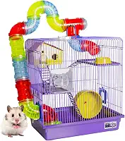 Gaiola Hamster Com Casa Completa 3 Andares Tubo Luxo Premium Grande Acessórios (Lilás)