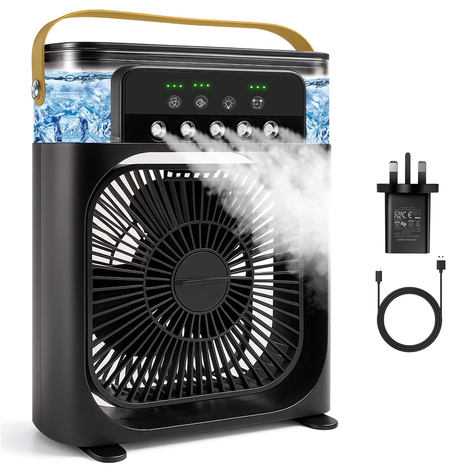Portable Air Conditioner Fan, Mini Evaporative Air Cooler with 5 Spray Nozzles,3 Wind Speeds,3 Timers, 7 Colors LED Light,600ML Personal AC Unit Fan for Bedroom Office Camping（Black）