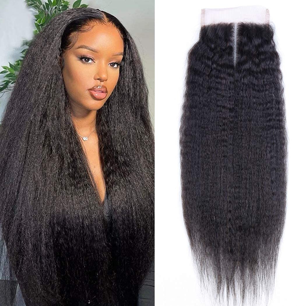 Odir 20 Inch Kinky Straight 4x4 Lace Closure 150% Density Brazilian Human Hair Hand Tied Swiss Lace Closure 9A Unprocessed Yaki Straight Virgin Hair