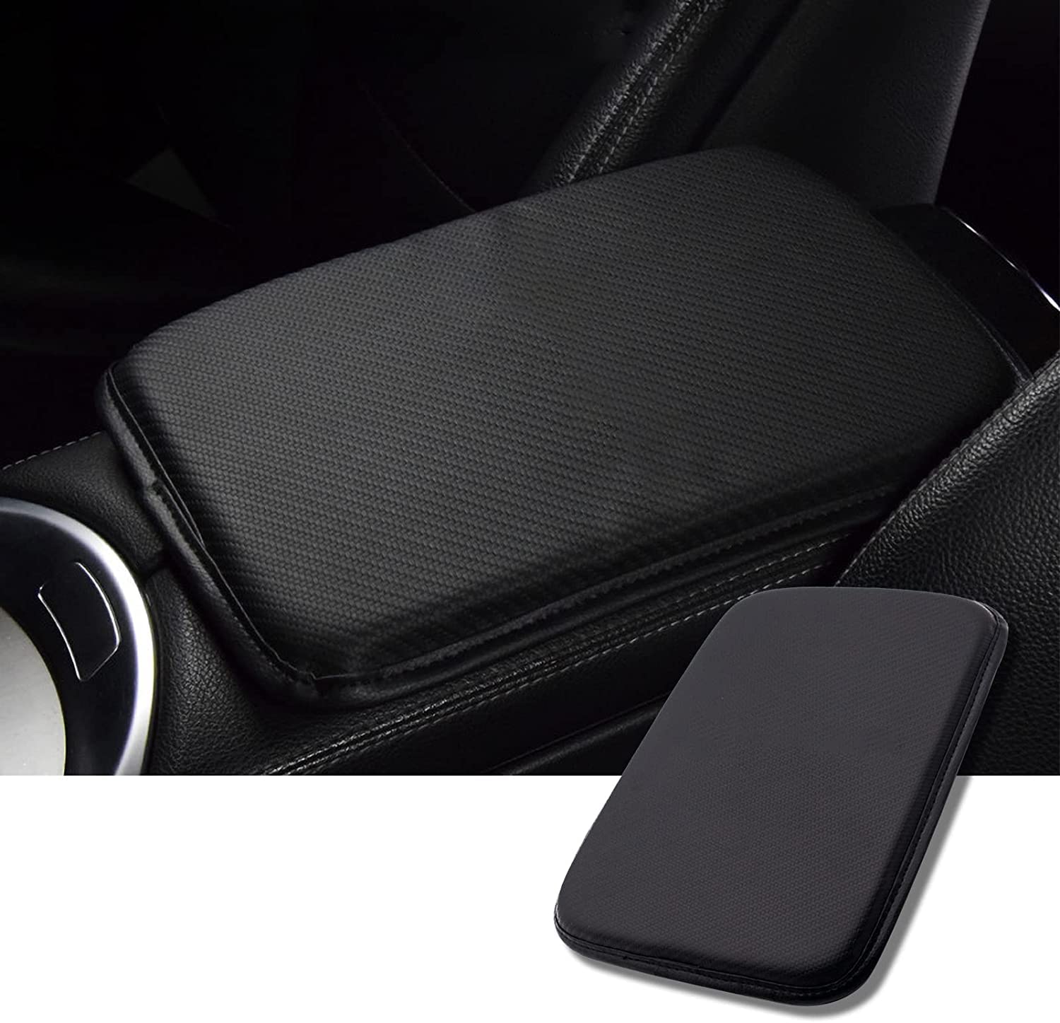 SYOSI Leather Center Console Cushion Pad, 11.4"x7.4" Waterproof Armrest Seat Box Cover Fit for Most Cars, Vehicles, SUVs, Comfort, Car Interior Protection Accessories (Carbon Fiber Black)