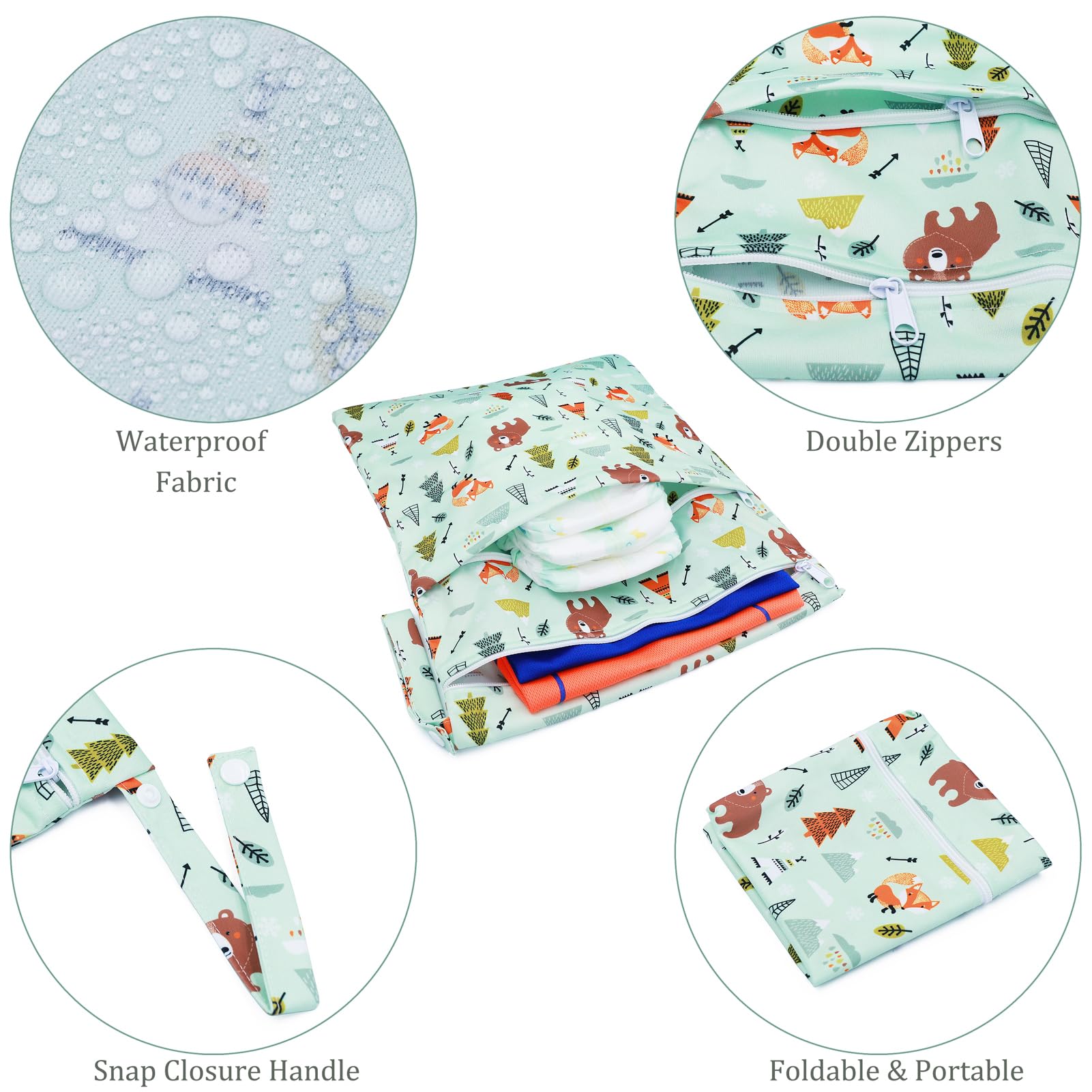 Bolsas Pañales Impermeables, 3 PCS Bolsa Muda Bebe, Wetbag Portátil para Mamá, Organizador de Colgar de Maquillaje Viaje Playa Piscina, Wet Bag de Tela Reutilizable Lavable (Oso Verde)