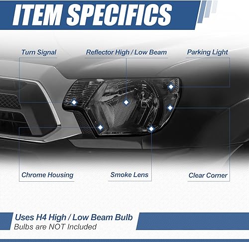 Miniatura 10 de Auto Dynasty Conjunto de faros delanteros modelo halógeno compatible con Toyota Tacoma de 2 generación 2012-2015, par, carcasa negra, lente