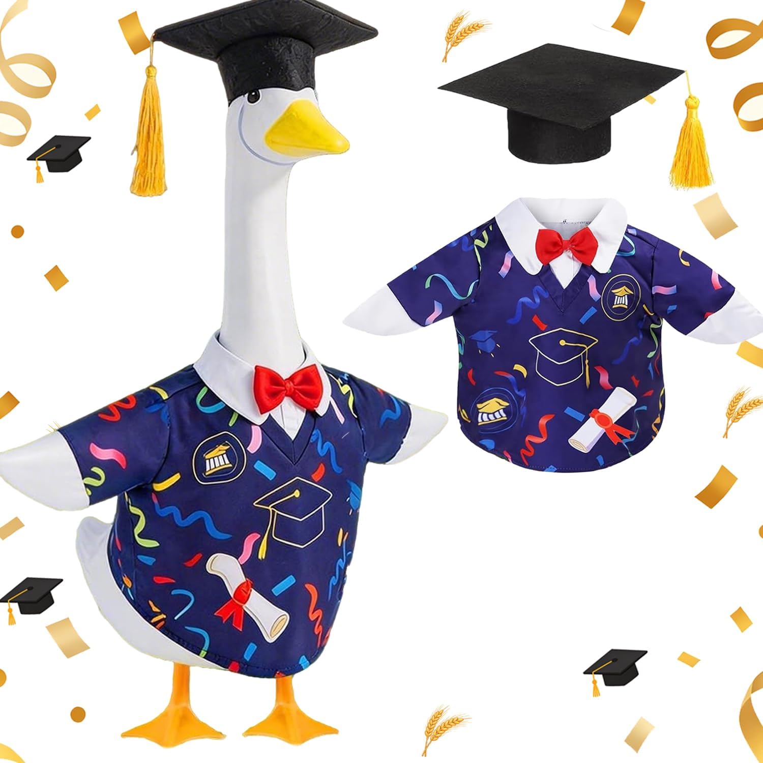 Graduation Porch Goose Outfit 23" Cement Goose Statues Porch Goose Graduation Cap and Gown Stoles Geese Clothes for Outdoor Garden Patio Yard Lawn Goose Statue Decor (Gold)