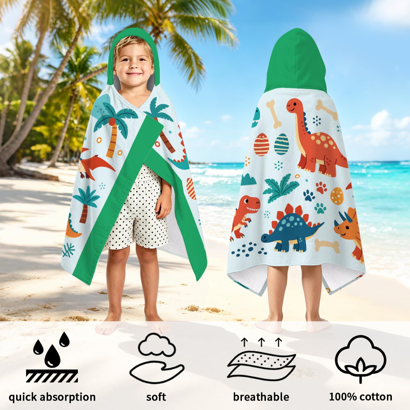peacoblue Badeponcho Kinder Kapuzenhandtuch Dinosaurierwelt | Mikrofaser Kapuzenhandtuch 76x127cm für Kinder 2-8 Jahre, Schnell trocknend für Strand, Pool und Schwimmen