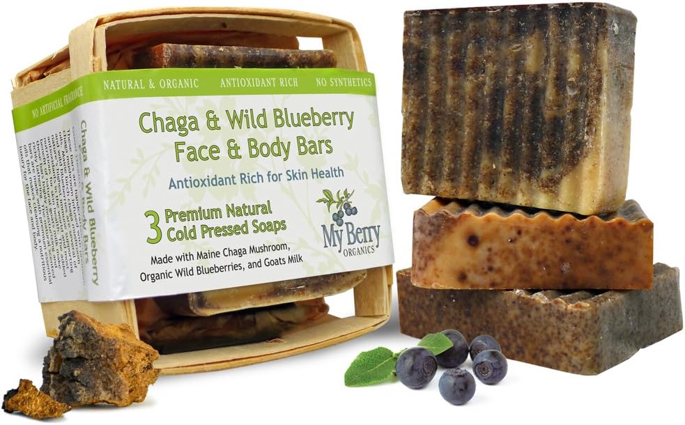 Maine Chaga & Wild Blueberry Soap, (3) Face & Body Bars, Total Wgt of 3 Is 10oz, Natural Soaps With Maine Mushroom, Wild Blueberries, and Goat's Milk
