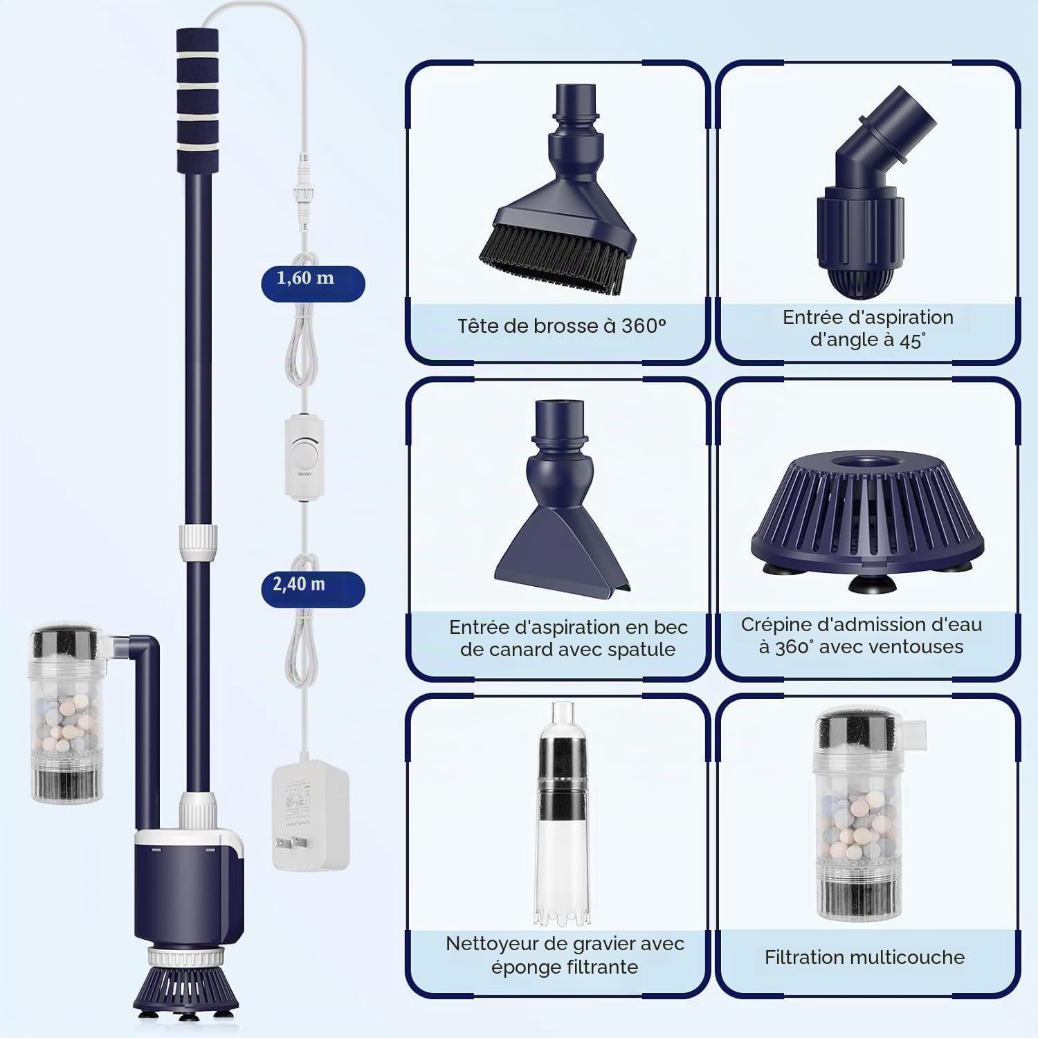 AQQA Nettoyeur de gravier électrique DC 2300L/h à débit d'eau réglable, nettoyeur de gravier d'aquarium de 34 W avec triple filtration pour changer l'eau, le sable, la circulation de l'eau