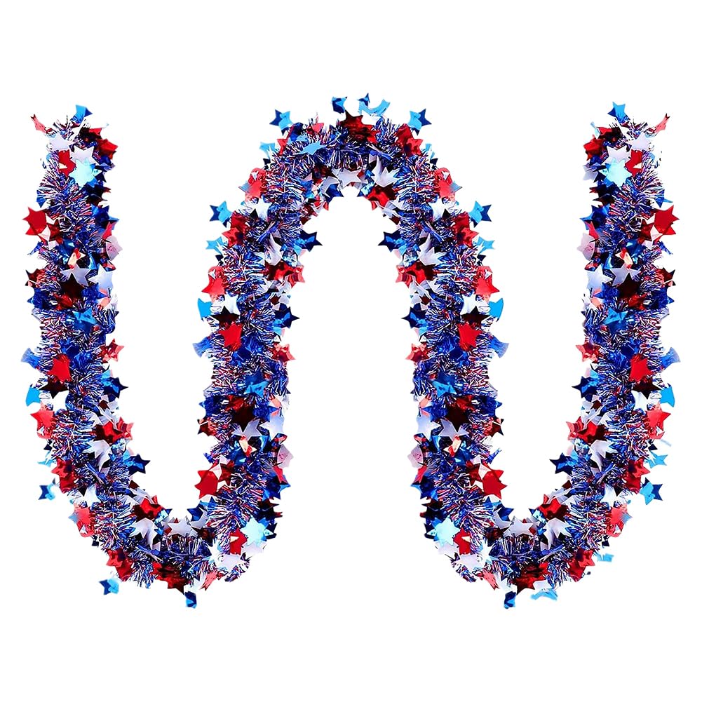 FSSTUD 5 Pcs 2 m 4th of July Tinsel Garlands Red White Blue Star Streamers Glitter Independence Memorial Day Garland Patriotic Ornament Garland American Flag Hanging Garlands