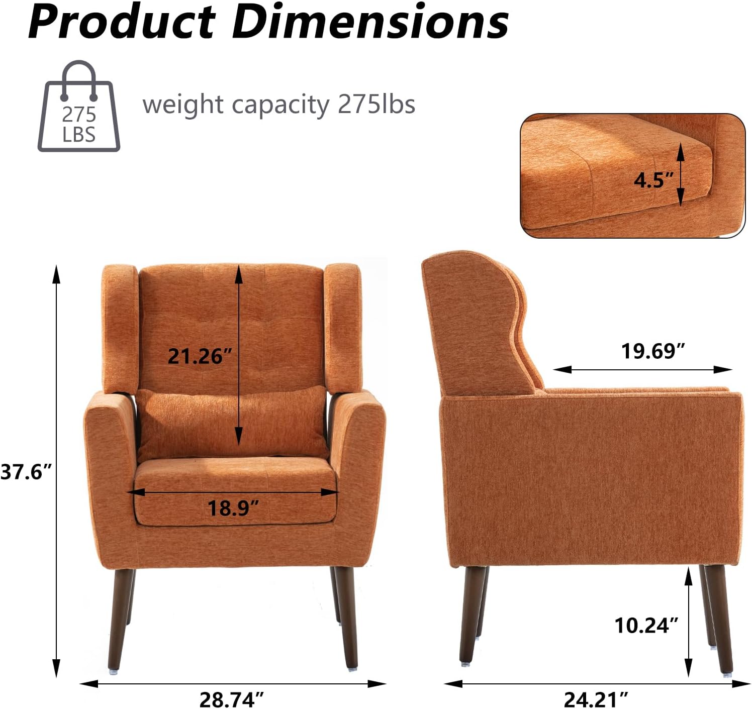 Modern Accent Chairs,Upholstered Arm Chairs with Pillow,Mid Century Sofa Chairs with Chenille Fabric,Comfy Reading Chair for Living Room,Bedroom (Orange, Set of 1)