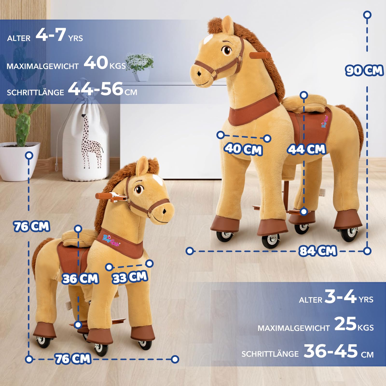 PonyCycle® Schaukelpferd auf Rollen | für Kinder 4–7 Jahre, 90cm | Hellbraunes Plüsch Reitpferd mit Handbremse | Stehpferd, Schaukeltier, Indoor & Outdoor | Basis Modell E – E436
