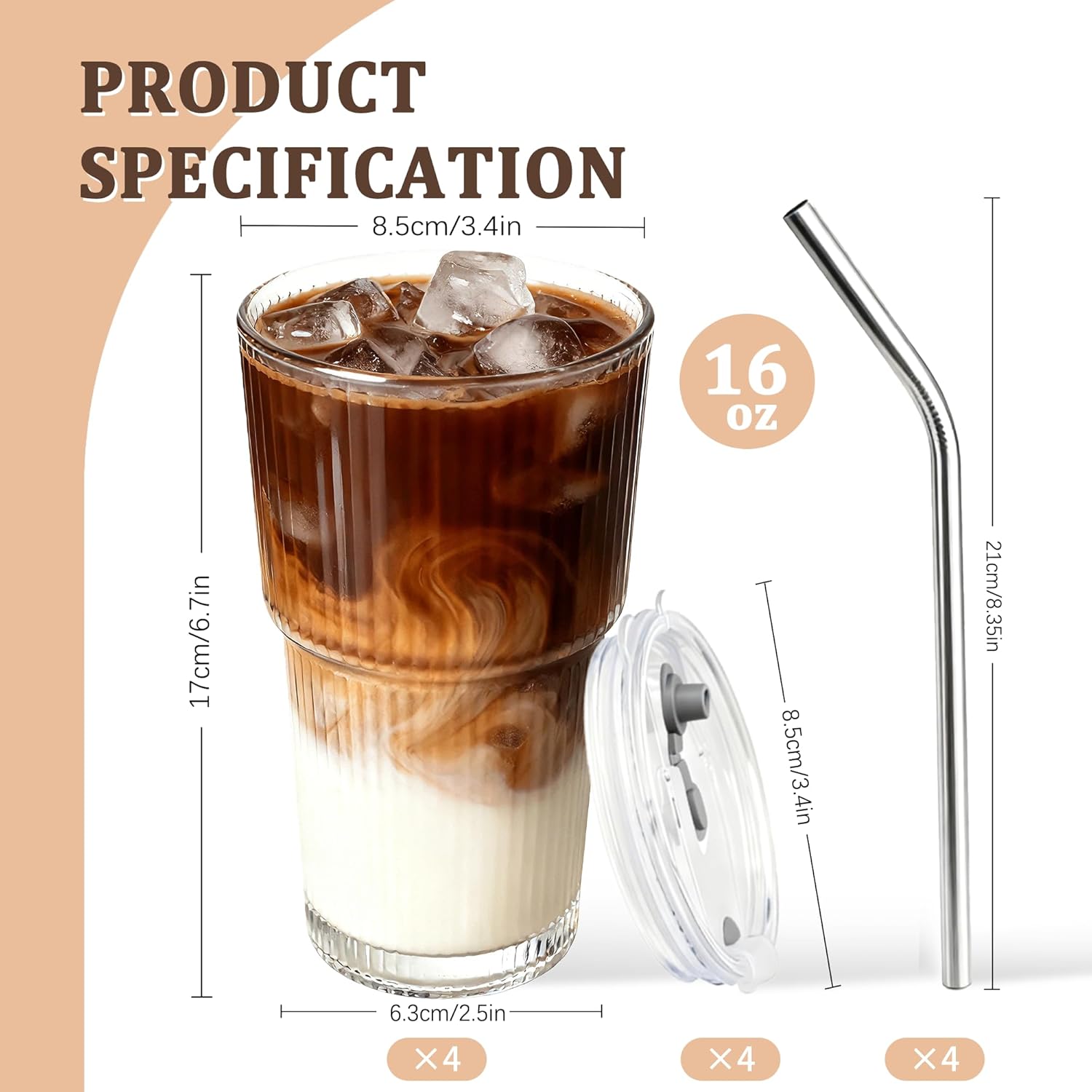4 Packs Ribbed Glass Tumbler with Lid and Straw 16 oz Vintage Ice Coffee Cup Set Bulk Simple Modern for Smoothie Juice Matcha Tea Water Slushie Home Clear Hot Drink Glasses Boba Kitchen Glassware - Image 2