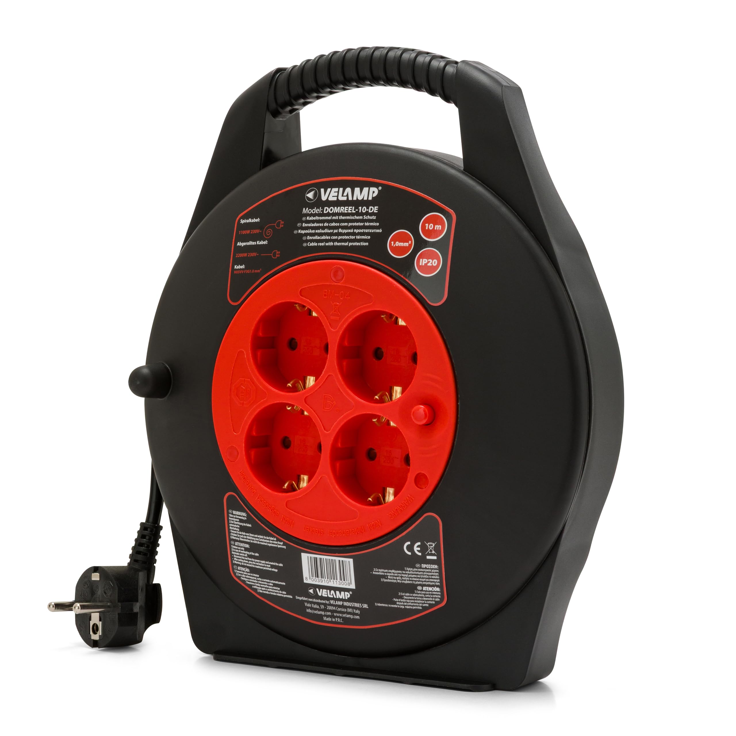 Carrete de cable doméstico 4 enchufes estándar Schuko, cable H05VV-F3G1.0MM2, 10M, CE