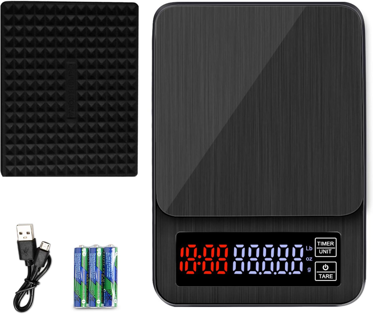 11LB/0.1g Coffee Scale with Stopwatch, Tare Function, LCD Display, USB Rechargeable, Auto Shut-Down, Digital Multifunction Weighing Food Scale with USB Charging Cable, Batteries and Silicone Pad