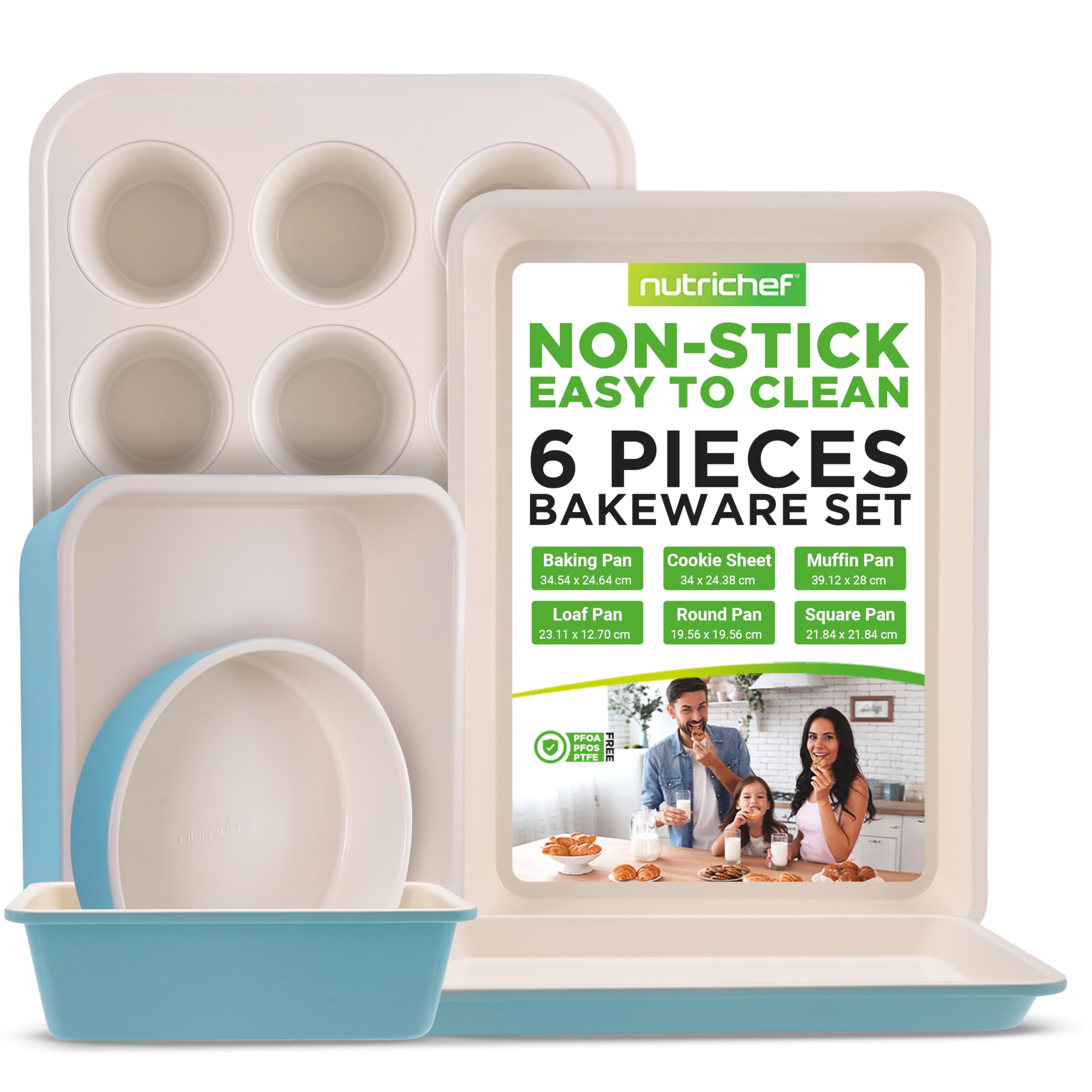 Nutrichef Turquoise Bakeware Set 6-Piece, Carbon Steel Kitchenware With Ceramic Nonstick Coating, Includes 12-Cup Muffin Tray, Cake Mold, Loaf Pan, Wide Baking Tray, Cookie Sheet,