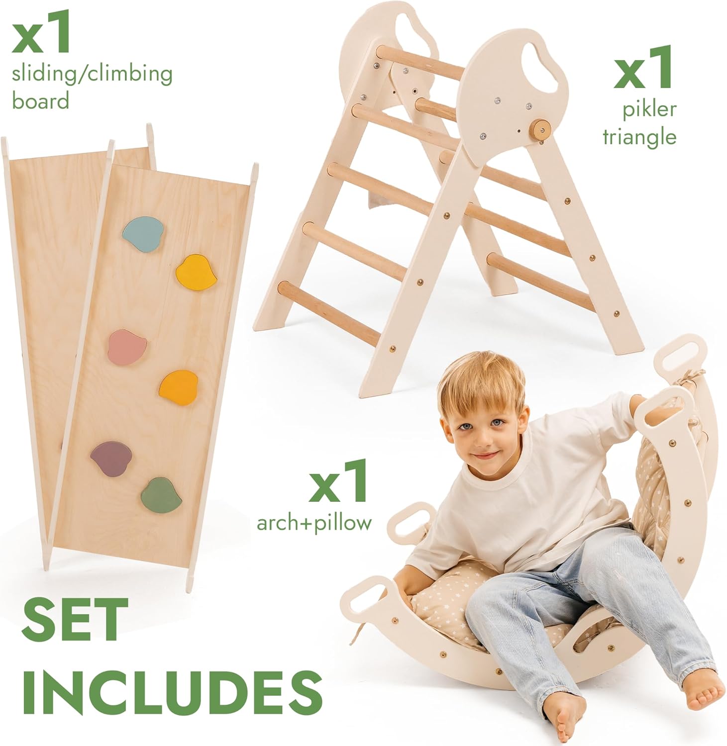 Goodevas 5-in-1 Toddler Climbing Toys Indoor Set - Pikler Triangle, Climbing Arch, Balance Cushion, Montessori Climbing Gym for Toddlers 1-3, Foldable Wooden Baby Activity Center, Jungle Gym for Kids