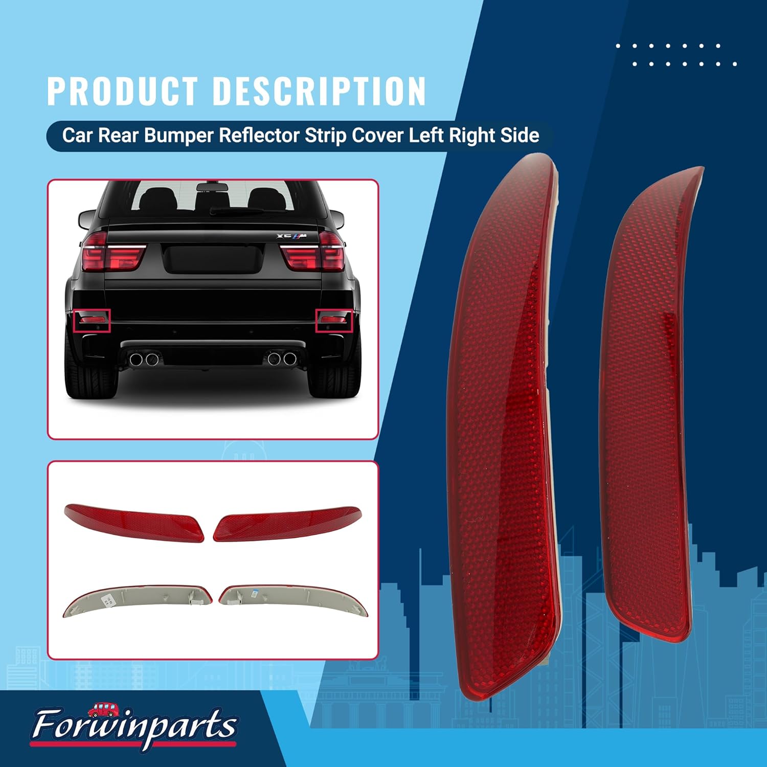 Forwinparts Car Rear Bumper Reflector Strip Cover for BMW X5 E70 2007 2008 2009 2010 2011 2012 2013 Left Right Side 63217158949 63217158950 ABS Red Gray (Set of 2)