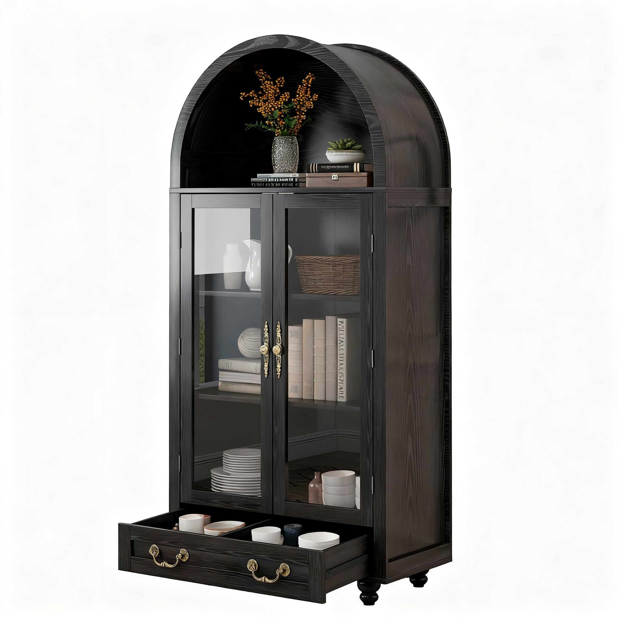 Vitrina de madera con puertas de cristal y parte superior en forma de arco, amplio espacio de almacenamiento para libros, platos y más, acabado negro resistente con asas doradas, 31 pulgadas