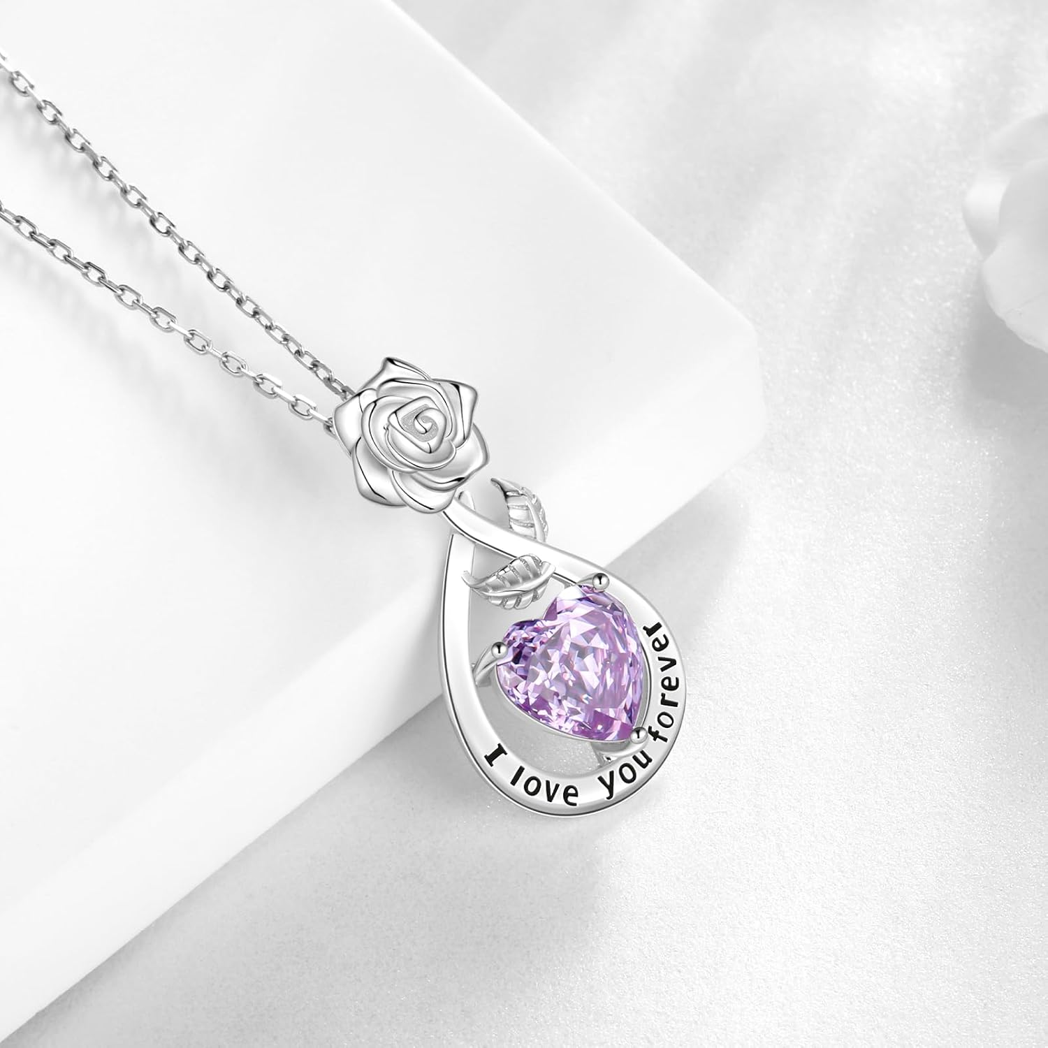 Aurora Tears Birthstone Rose Pendant Necklace - 925 Sterling Silver Rose Cut Heart Cubic Zirconia Love Infinity Drop Necklace Anniversary Birthday Jewelry Gift for Women Wife Mom Daughter - Image 3