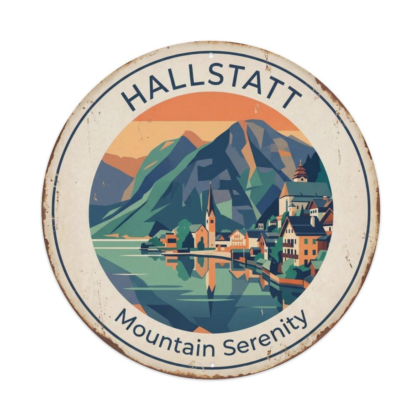 Vintage Travel Hallstatt Mountain Lake Metal Tin Sign Plaque Wall Decor for Cafe, Club Bar, Office, Home Garden Round Metal Poster 8x8Inch