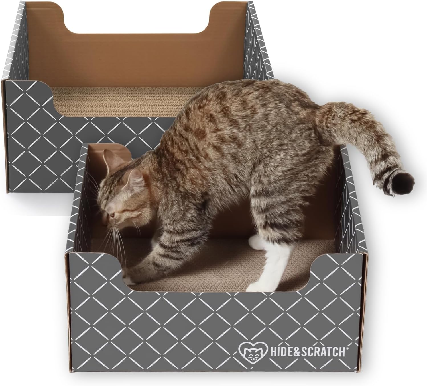Hide & Scratch Cardboard Cat Scratcher Box & Bed - Dark Grey Diamond (2 Pack) | Double-Sided Corrugated Pad for Indoor Cats | Refillable Scratching Board Toy for Play & Furniture Protection