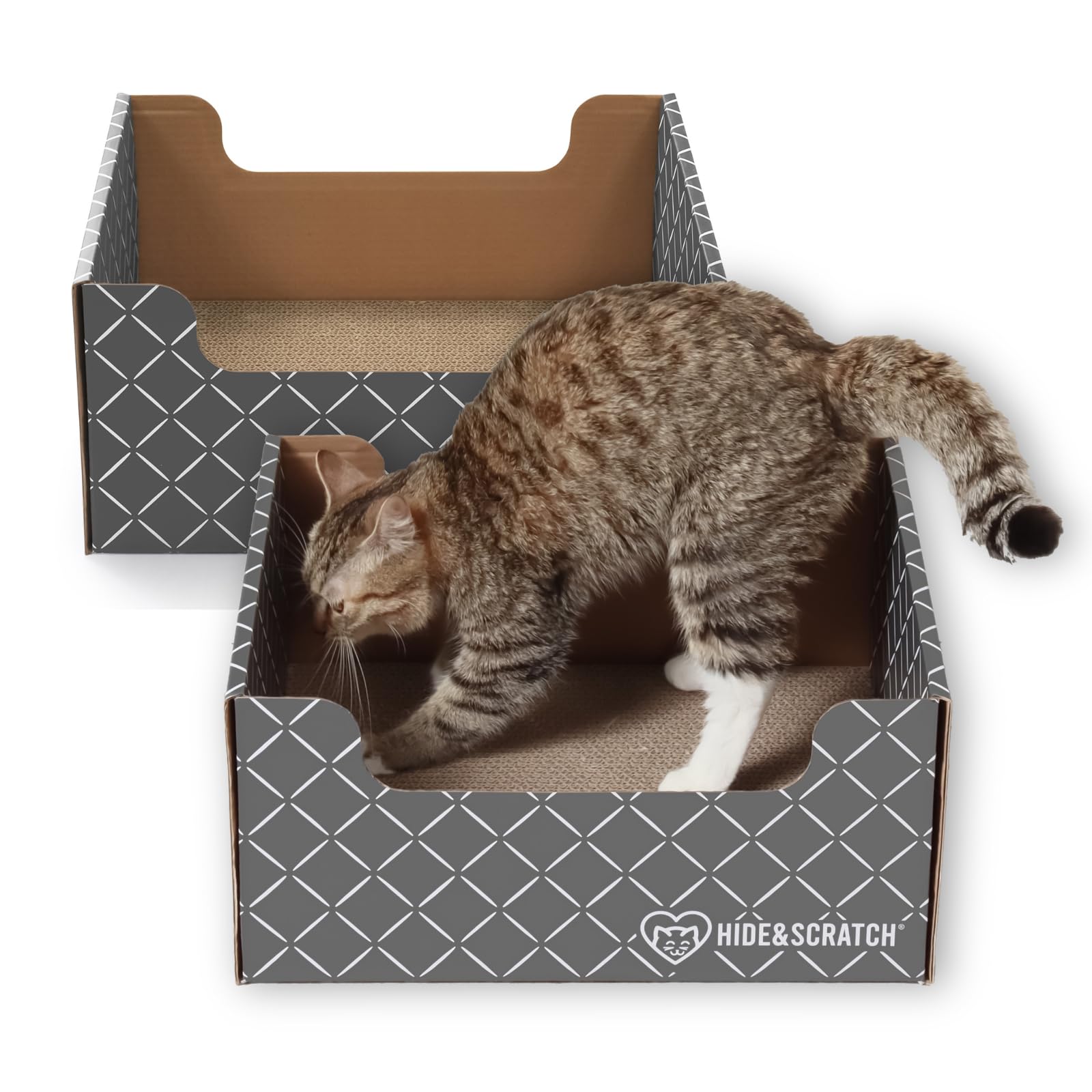 Hide & Scratch Cardboard Cat Scratcher Box & Bed - Dark Grey Diamond (2 Pack) | Double-Sided Corrugated Pad for Indoor Cats | Refillable Scratching