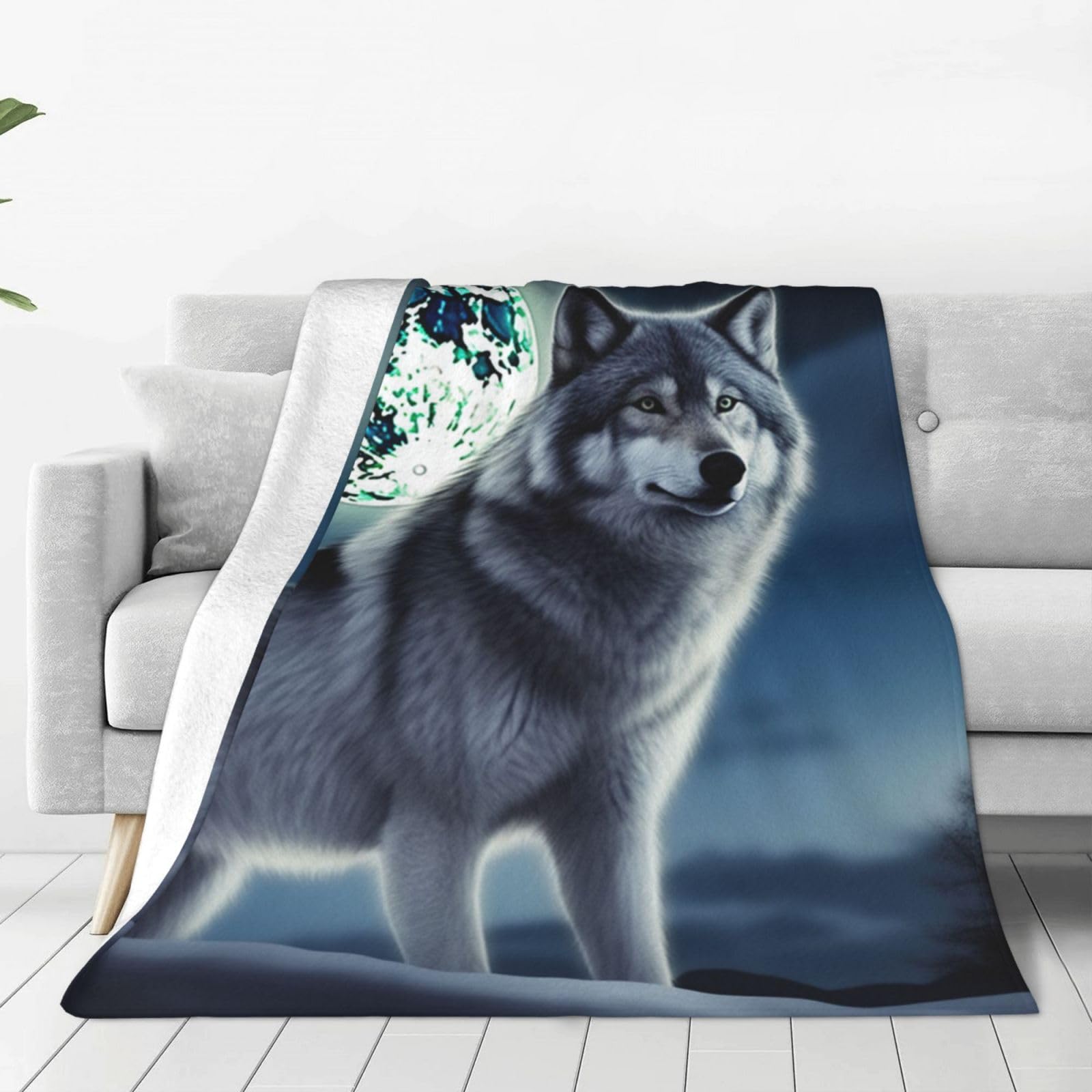 Couverture loup sous la lune douce flanelle cadeau réconfortant nuit