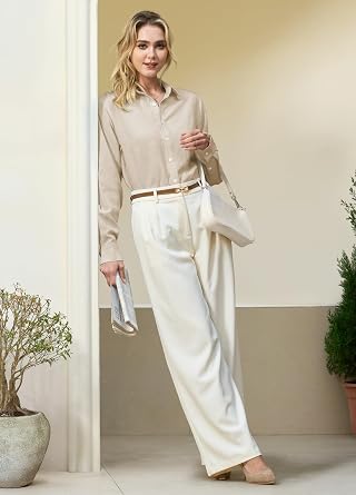 Womens Linen Button Down Shirts Lyocell Blend Long Sleeve Collared Blouses Regular Fit for Work Everyday Wear