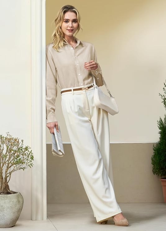 Womens Linen Button Down Shirts Lyocell Blend Long Sleeve Collared Blouses Regular Fit for Work Everyday Wear