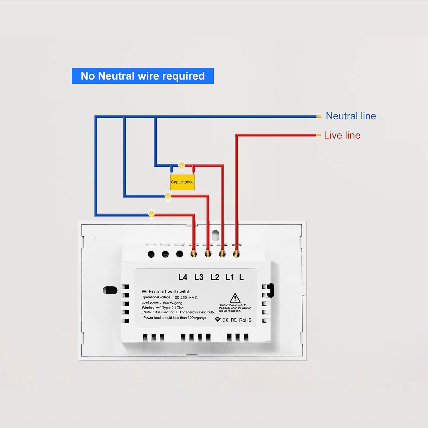 Smart WiFi Touch Switch No Neutral Wire Required Smart Home 1/2/3 Gang Light Switch 220V Support Voice Control Tuya App Black 3 Gang